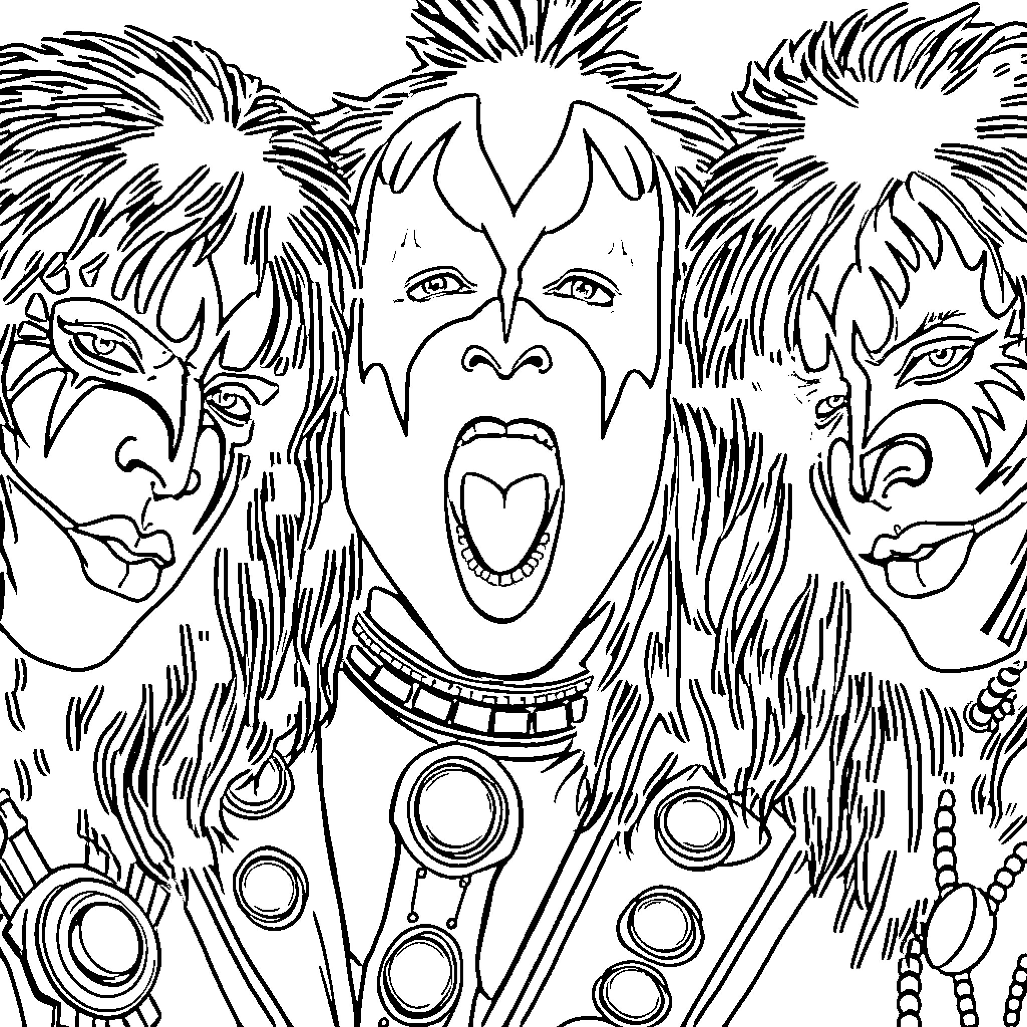 Kiss of Rock Star Performers Coloring Page (free black-and-white line drawing printable PDF for all, from beginners to advanced learners, including children, teens, adults, and seniors)