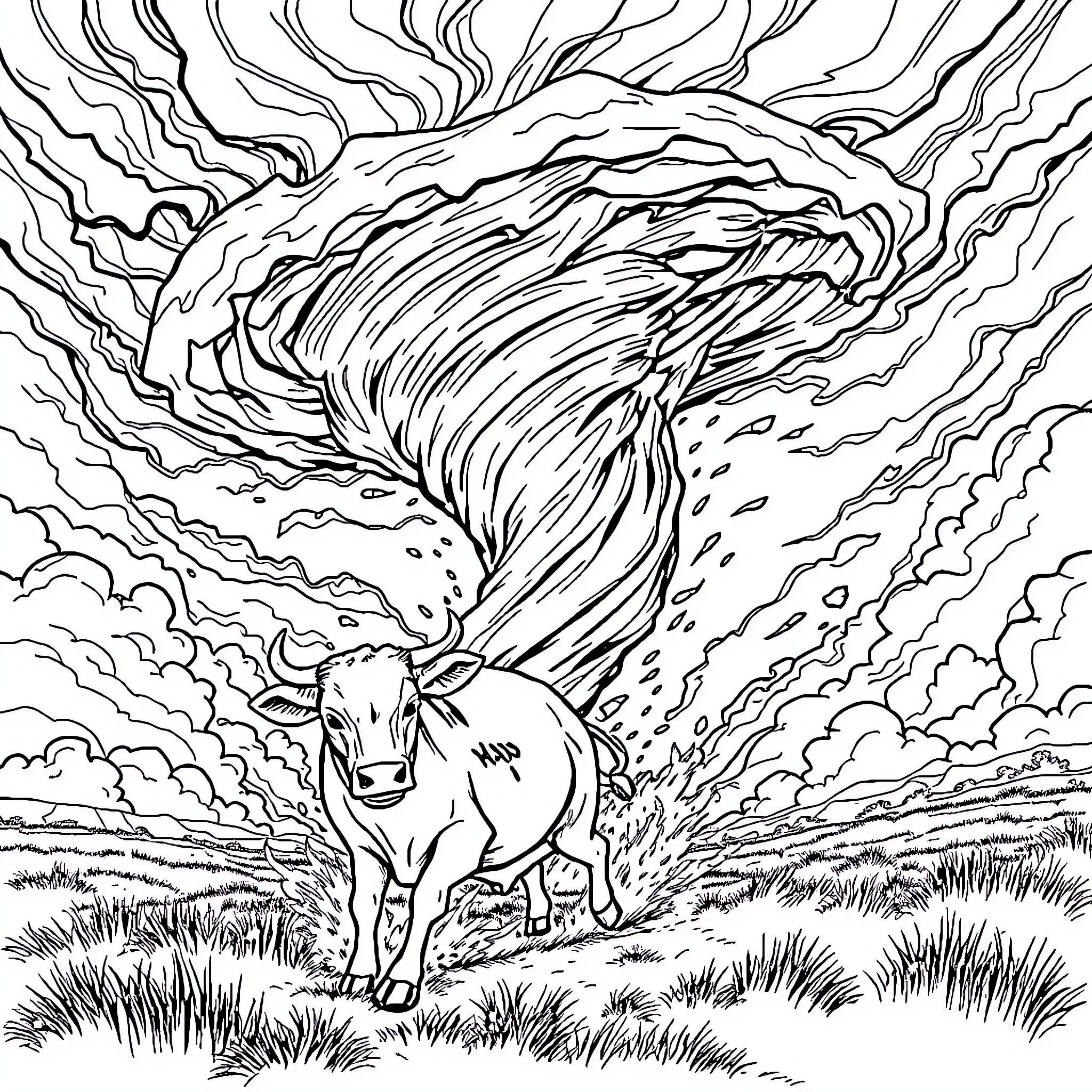 Tornado approaching a cow in a field Coloring Page (free black-and-white line drawing printable PDF for all, from beginners to advanced learners, including children, teens, adults, and seniors)