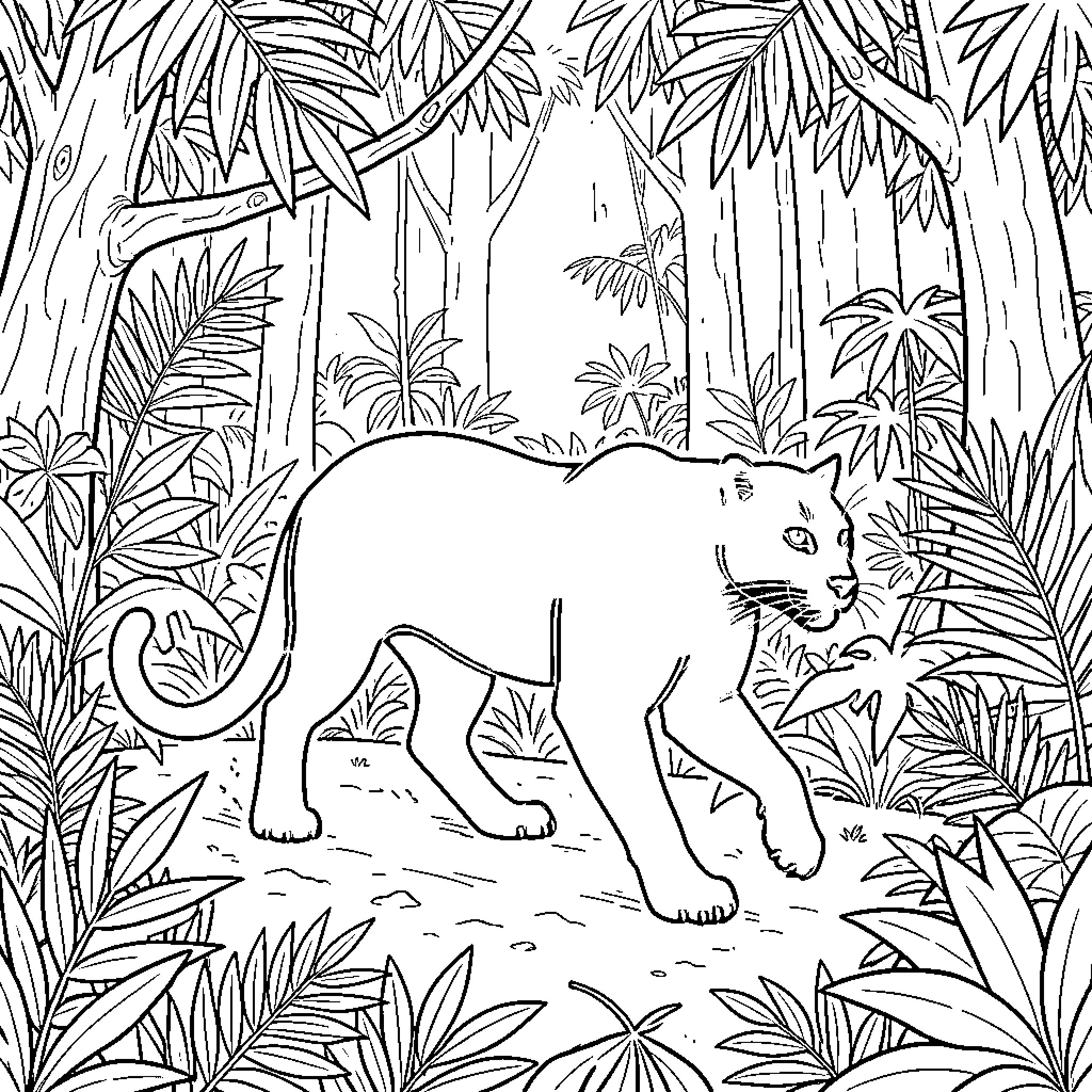 Panther walking through a lush jungle environment Coloring Page (free black-and-white line drawing printable PDF for all, from beginners to advanced learners, including children, teens, adults, and seniors)
