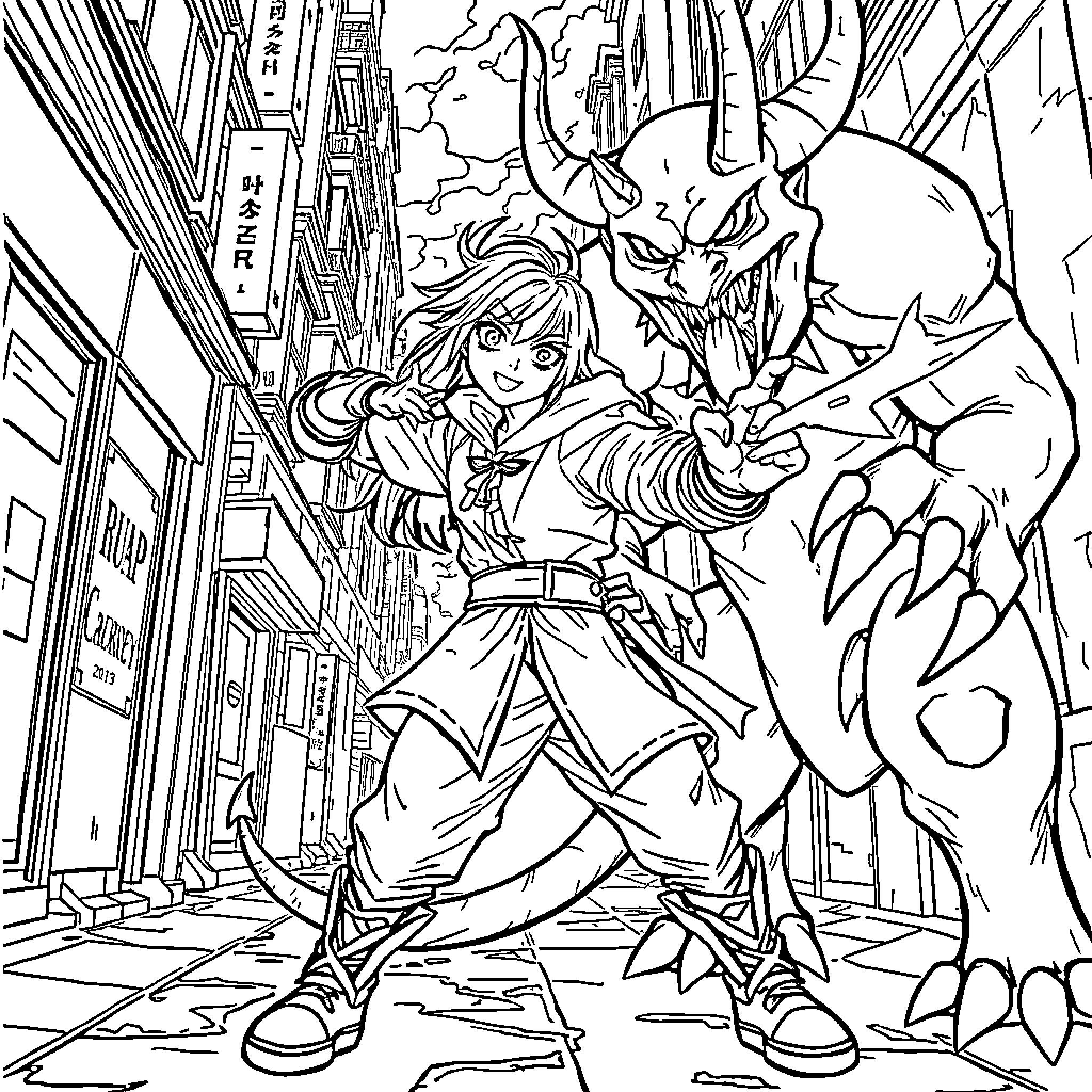 Rumi battles a fearsome monster in the city Coloring Page (free black-and-white line drawing printable PDF for all, from beginners to advanced learners, including children, teens, adults, and seniors)