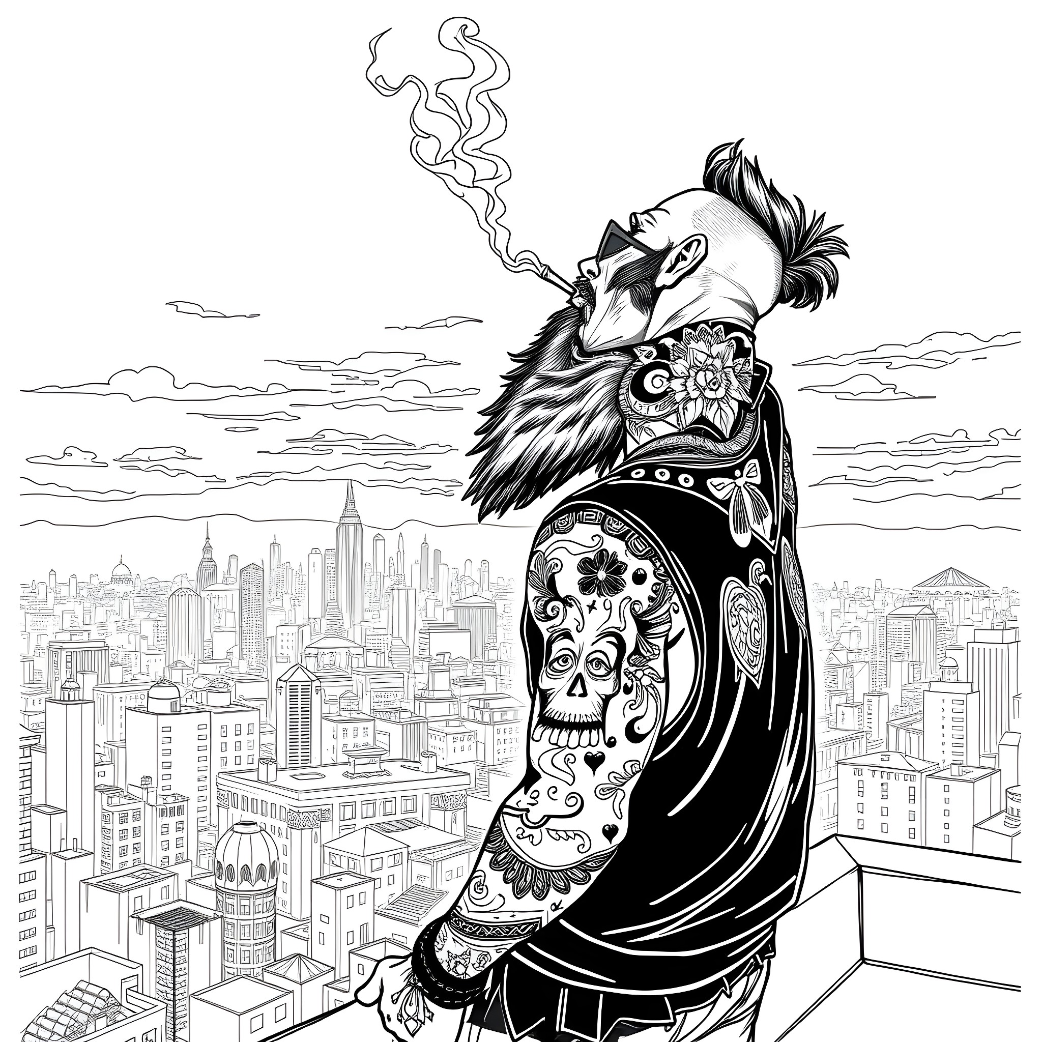 Man in ornate costume overlooking city skyline Coloring Page (free black-and-white line drawing printable PDF for all, from beginners to advanced learners, including children, teens, adults, and seniors)