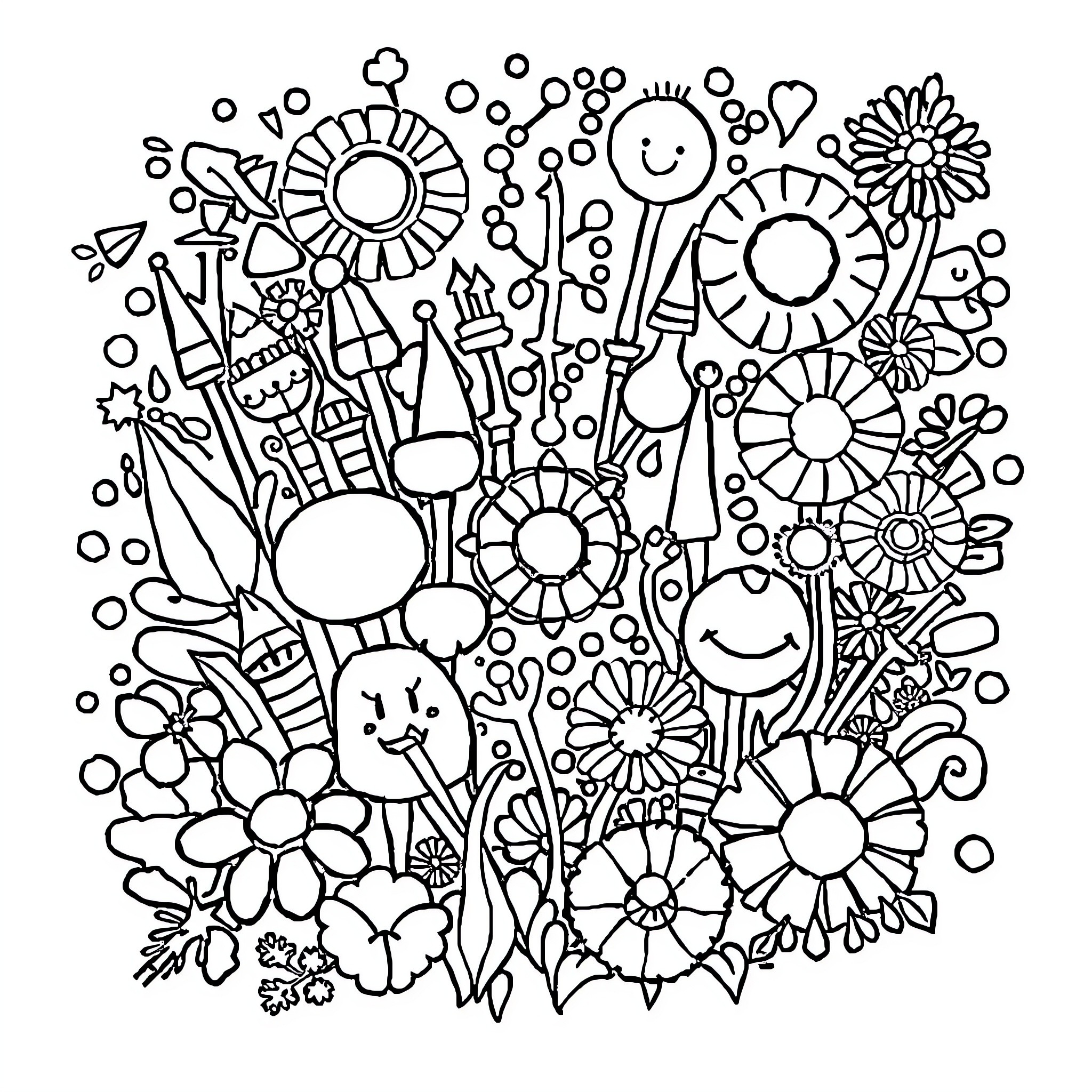 Image of whimsical floral and abstract elements Coloring Page (free black-and-white line drawing printable PDF for all, from beginners to advanced learners, including children, teens, adults, and seniors)