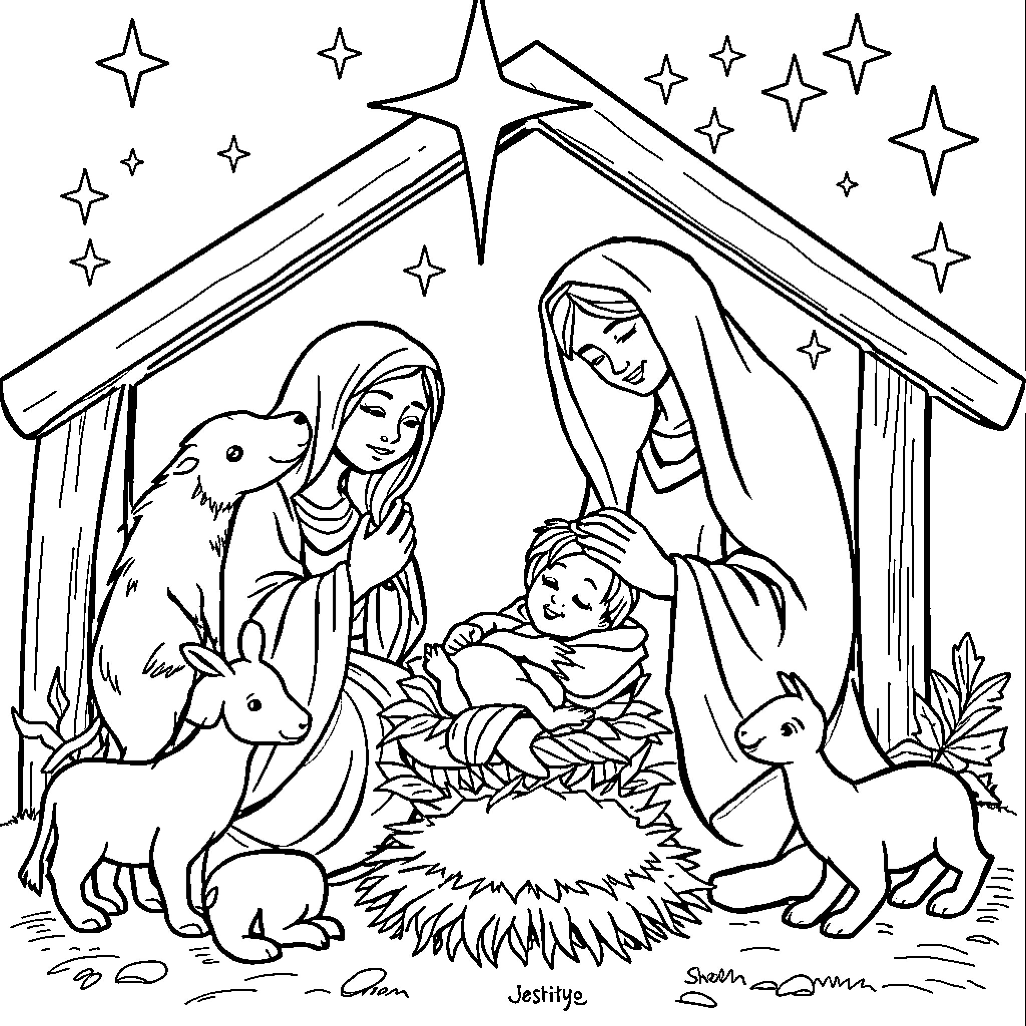 Nativity Scene with Holy Family and Animals Coloring Page (free black-and-white line drawing printable PDF for all, from beginners to advanced learners, including children, teens, adults, and seniors)