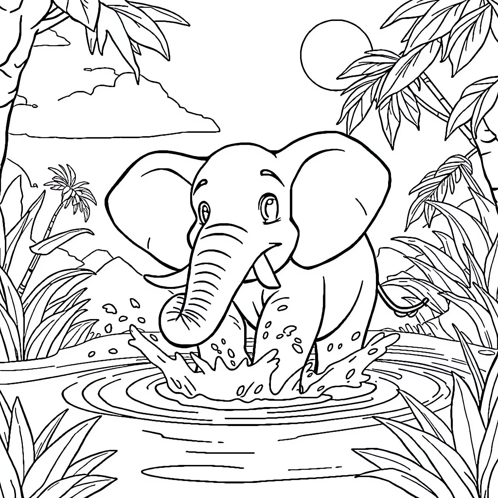 Elephant splashing in a watering hole Coloring Page (free black-and-white line drawing printable PDF for all, from beginners to advanced learners, including children, teens, adults, and seniors)