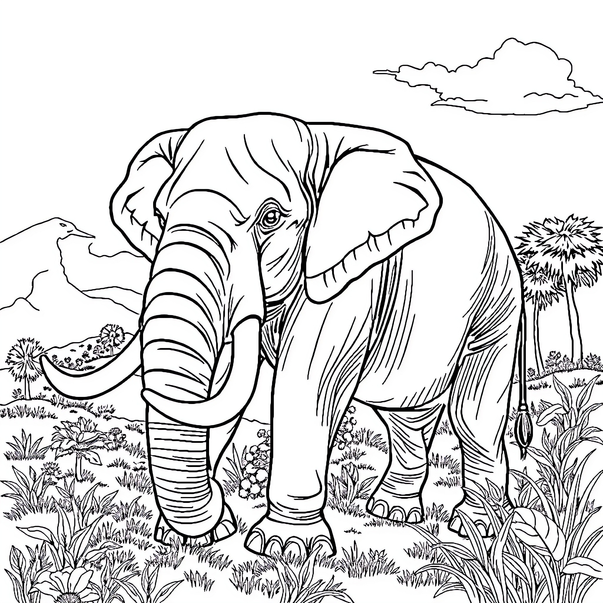 Elephant in the Wilderness Coloring Page (free black-and-white line drawing printable PDF for all, from beginners to advanced learners, including children, teens, adults, and seniors)