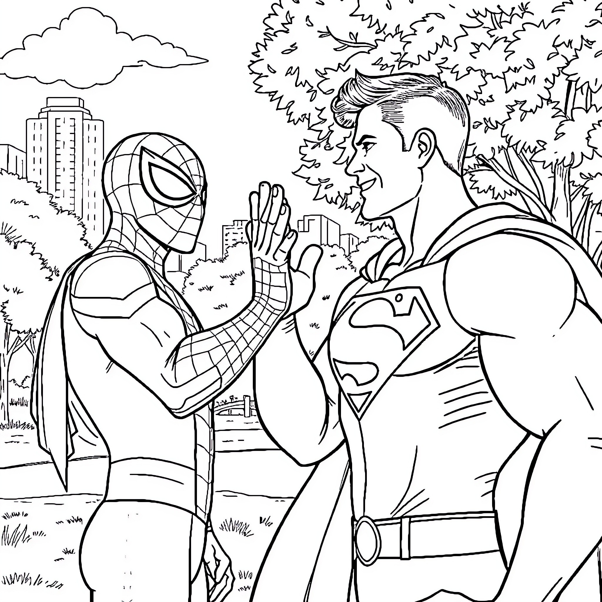 Superman and Spider-Man's epic superhero teamup Coloring Page (free black-and-white line drawing printable PDF for all, from beginners to advanced learners, including children, teens, adults, and seniors)