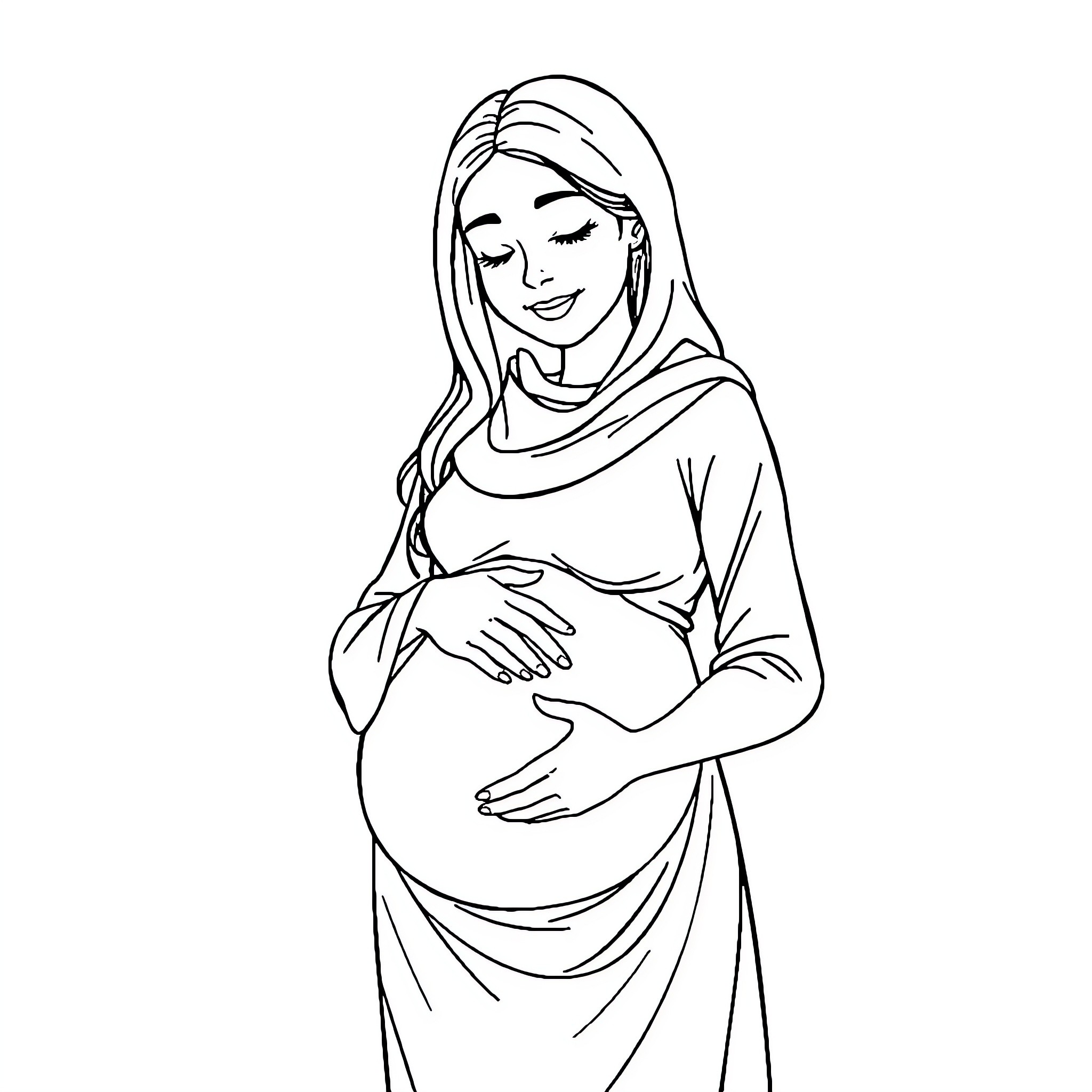 Rumi's serene motherly embrace Coloring Page (free black-and-white line drawing printable PDF for all, from beginners to advanced learners, including children, teens, adults, and seniors)