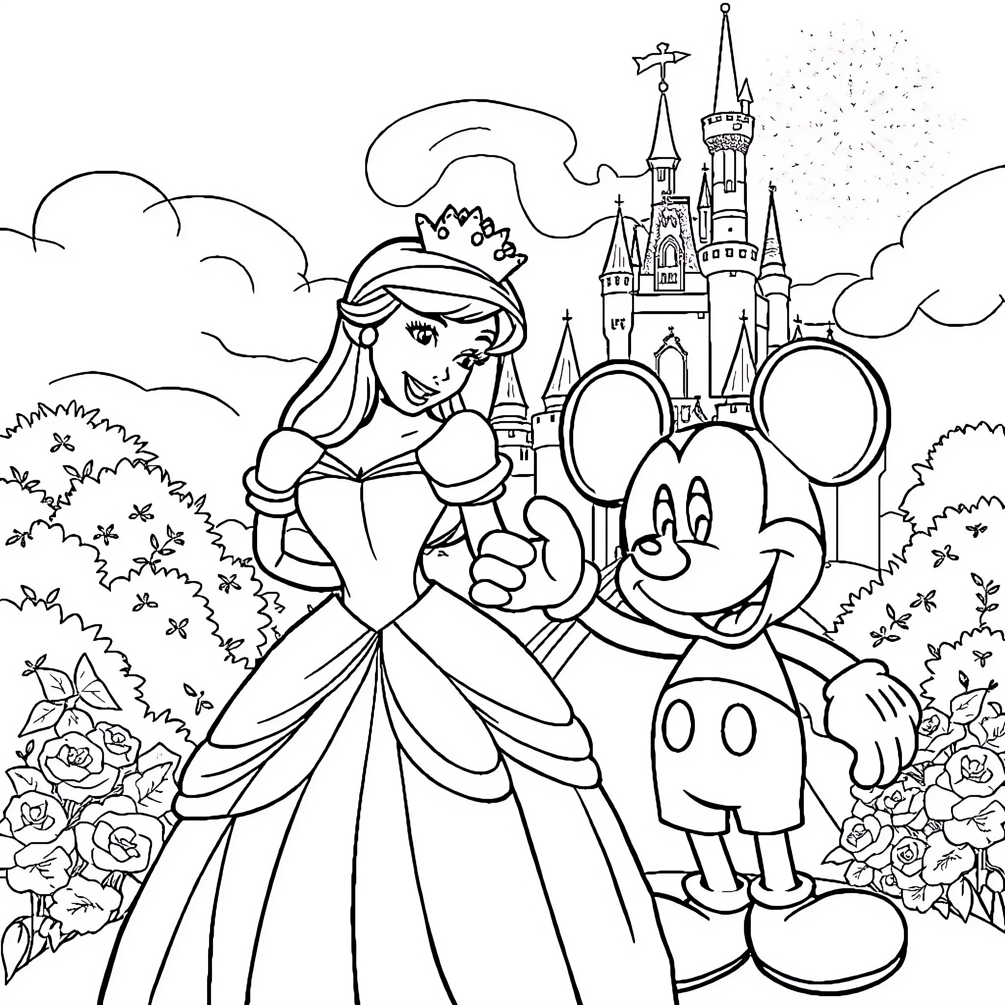 Disney Princess Visiting Mickey Mouse at the Castle Coloring Page (free black-and-white line drawing printable PDF for all, from beginners to advanced learners, including children, teens, adults, and seniors)