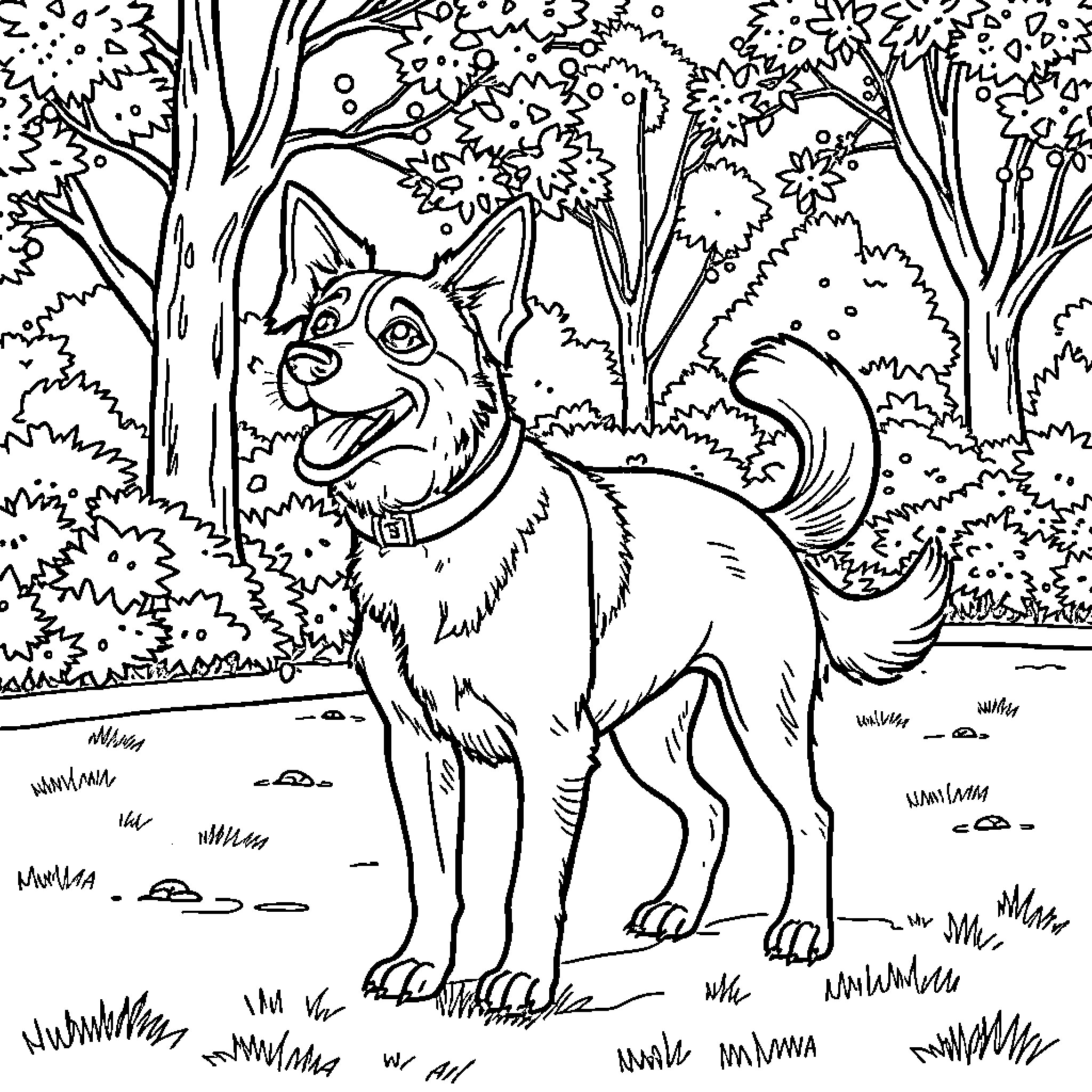Dog in a Flowery Forest Coloring Page (free black-and-white line drawing printable PDF for all, from beginners to advanced learners, including children, teens, adults, and seniors)