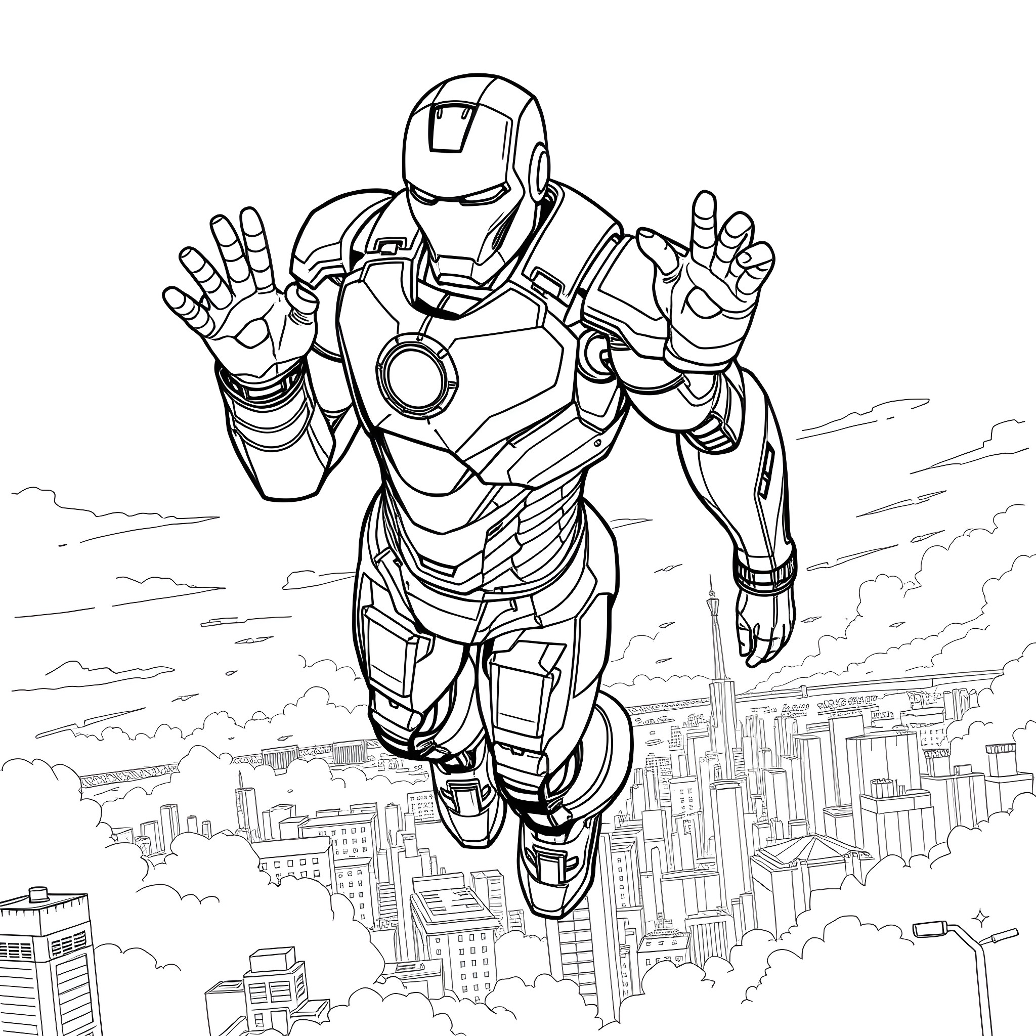 Iron Man soaring over the city skyline Coloring Page (free black-and-white line drawing printable PDF for all, from beginners to advanced learners, including children, teens, adults, and seniors)