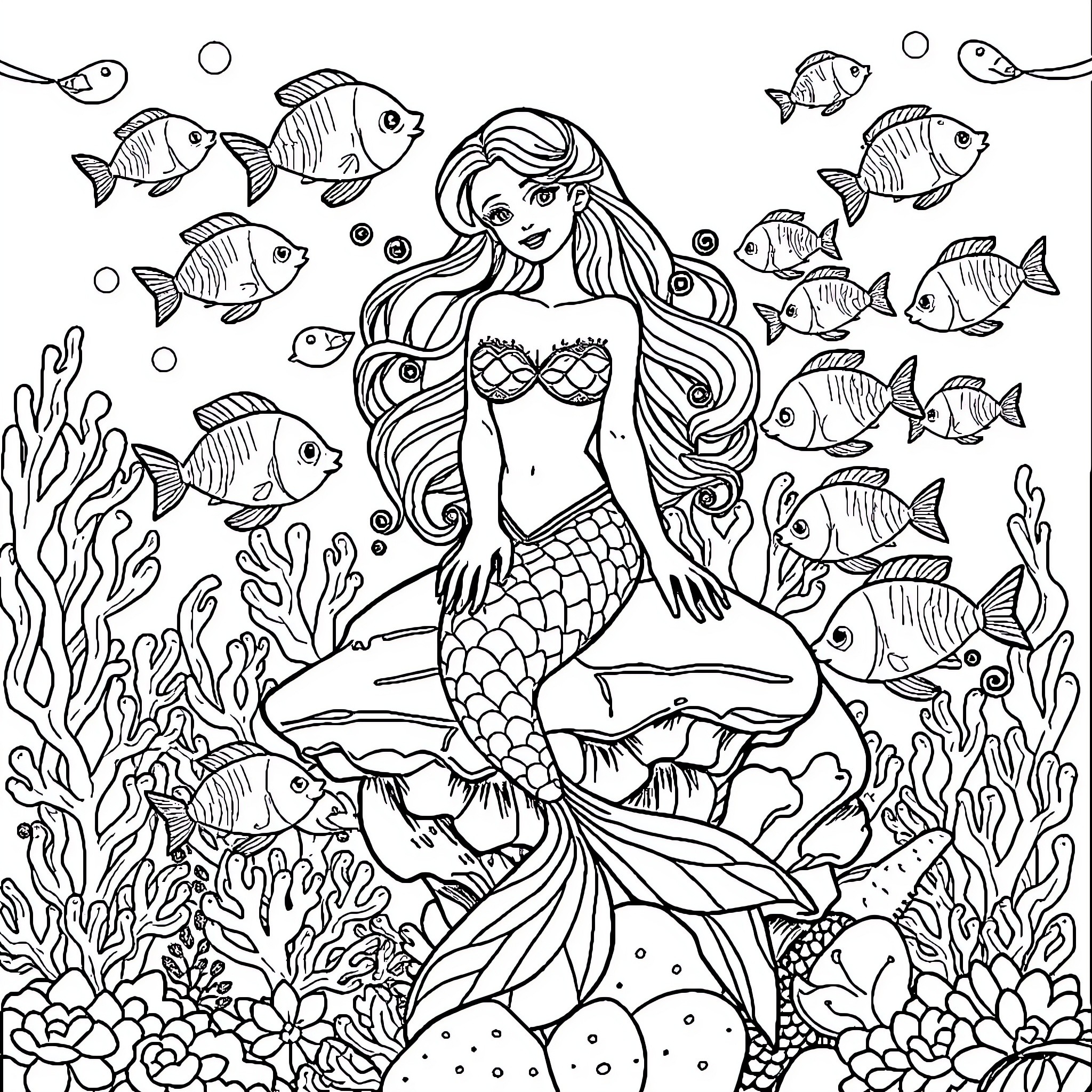 Mermaid surrounded by vibrant marine life Coloring Page (free black-and-white line drawing printable PDF for all, from beginners to advanced learners, including children, teens, adults, and seniors)