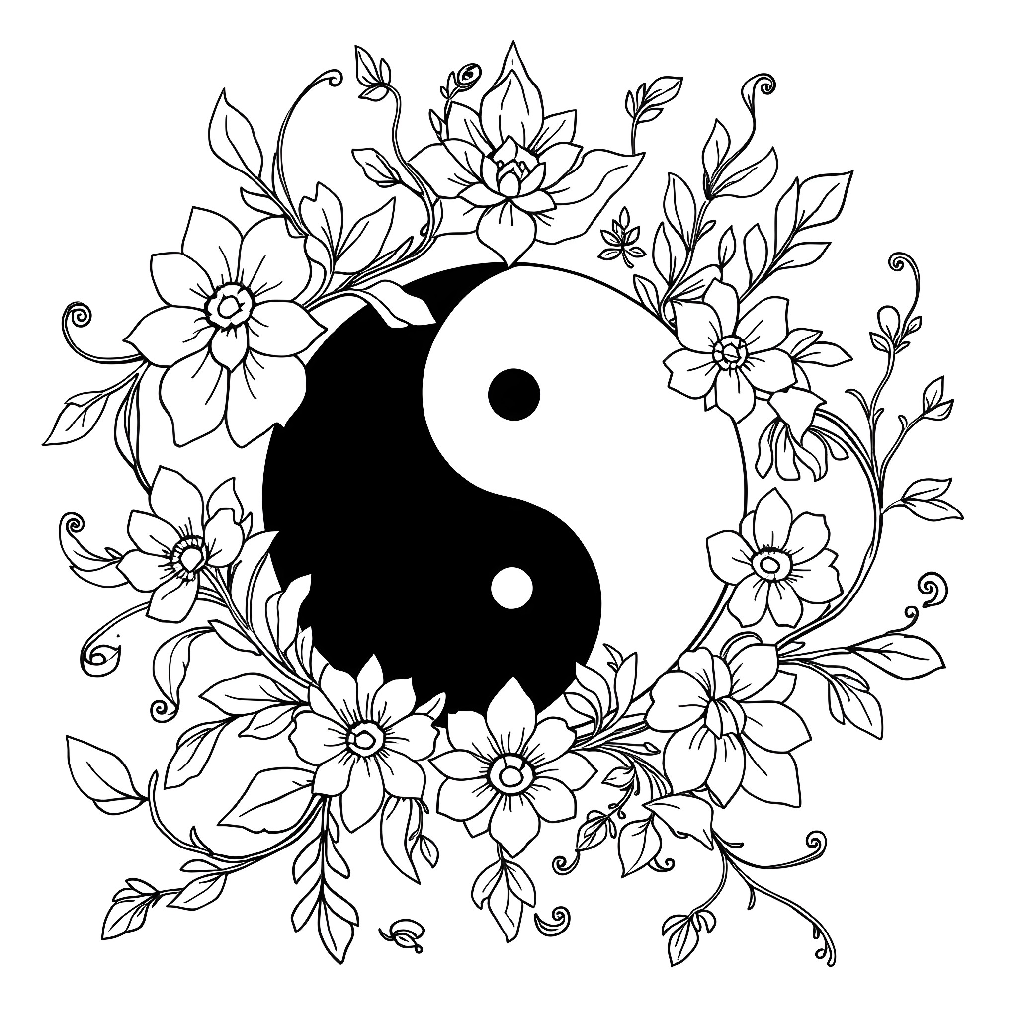 Yin Yang Symbol Surrounded by Floral Patterns Coloring Page (free black-and-white line drawing printable PDF for all, from beginners to advanced learners, including children, teens, adults, and seniors)
