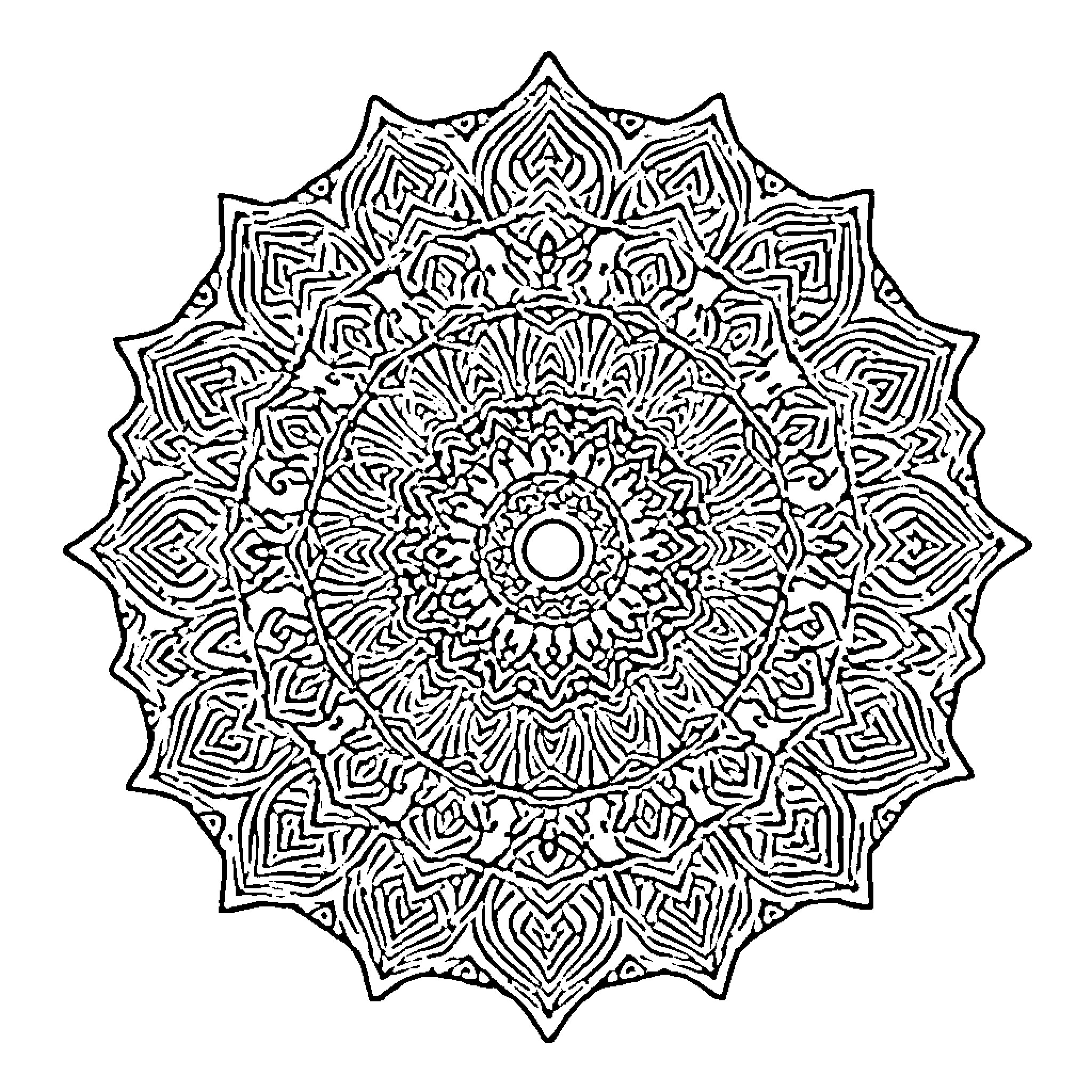 Mandala with intricate geometric patterns Coloring Page (free black-and-white line drawing printable PDF for all, from beginners to advanced learners, including children, teens, adults, and seniors)