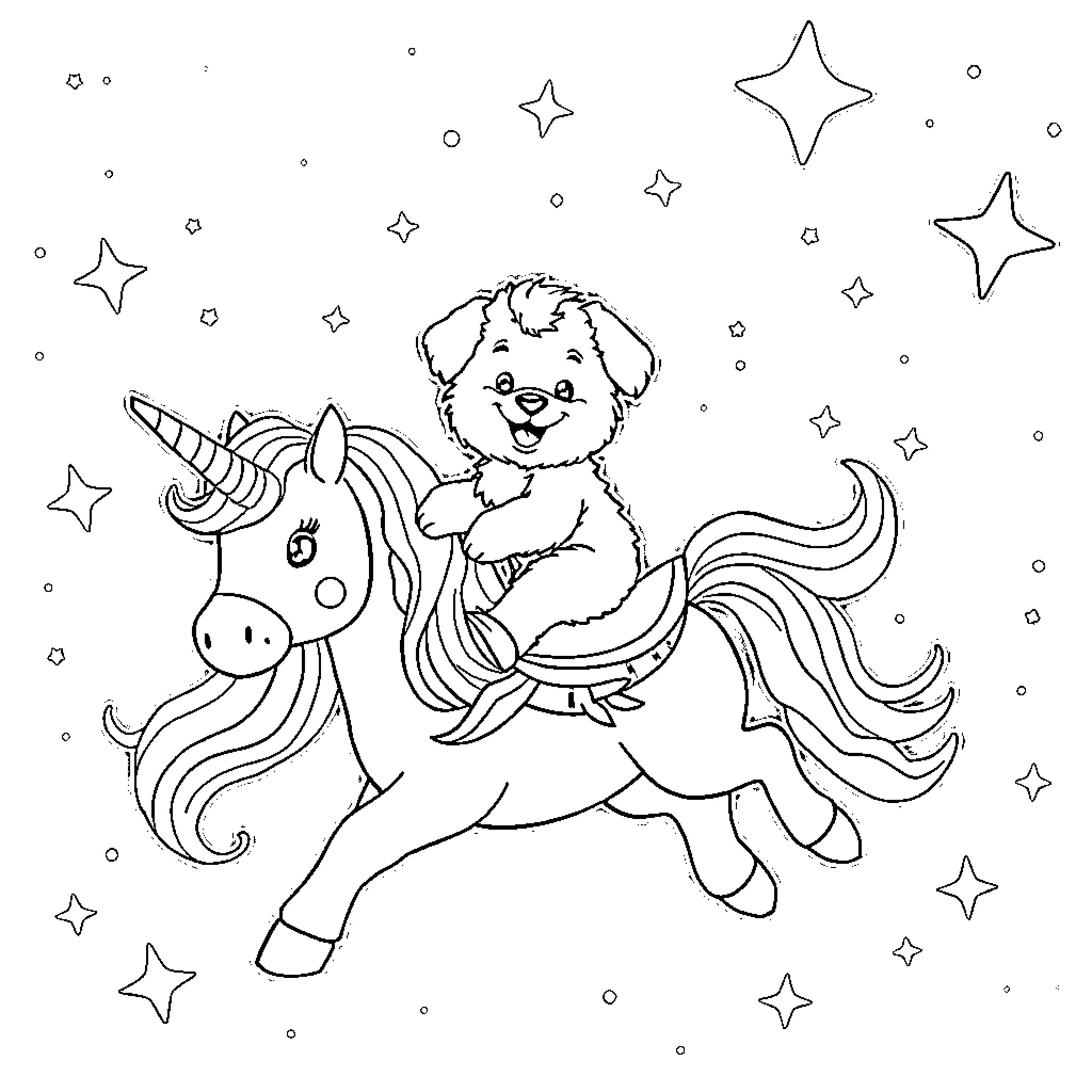 Puppy riding a magical unicorn among the stars Coloring Page (free black-and-white line drawing printable PDF for all, from beginners to advanced learners, including children, teens, adults, and seniors)