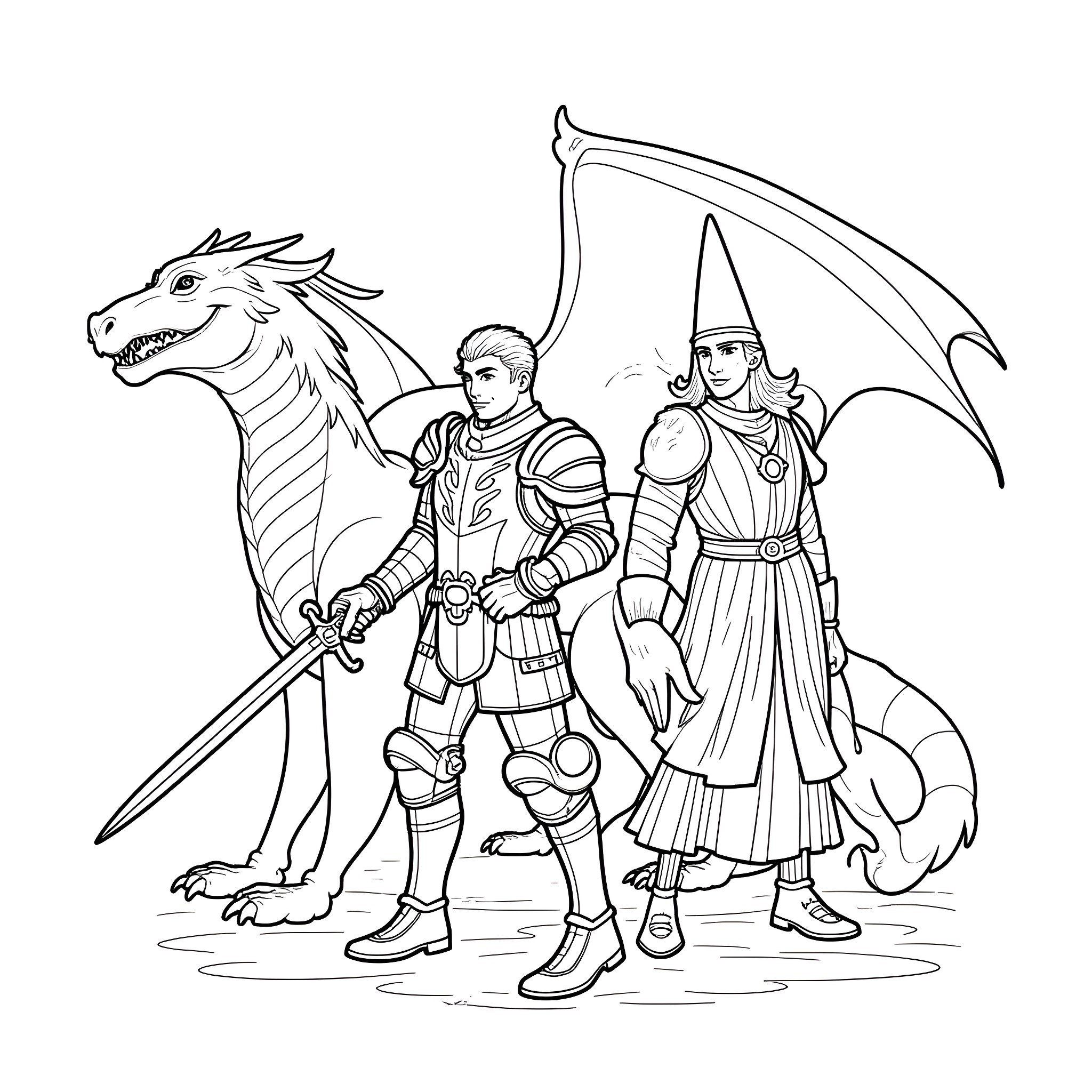 Dungeon and Dragon Character Adventurers with Fierce Dragon Coloring Page (free black-and-white line drawing printable PDF for all, from beginners to advanced learners, including children, teens, adults, and seniors)