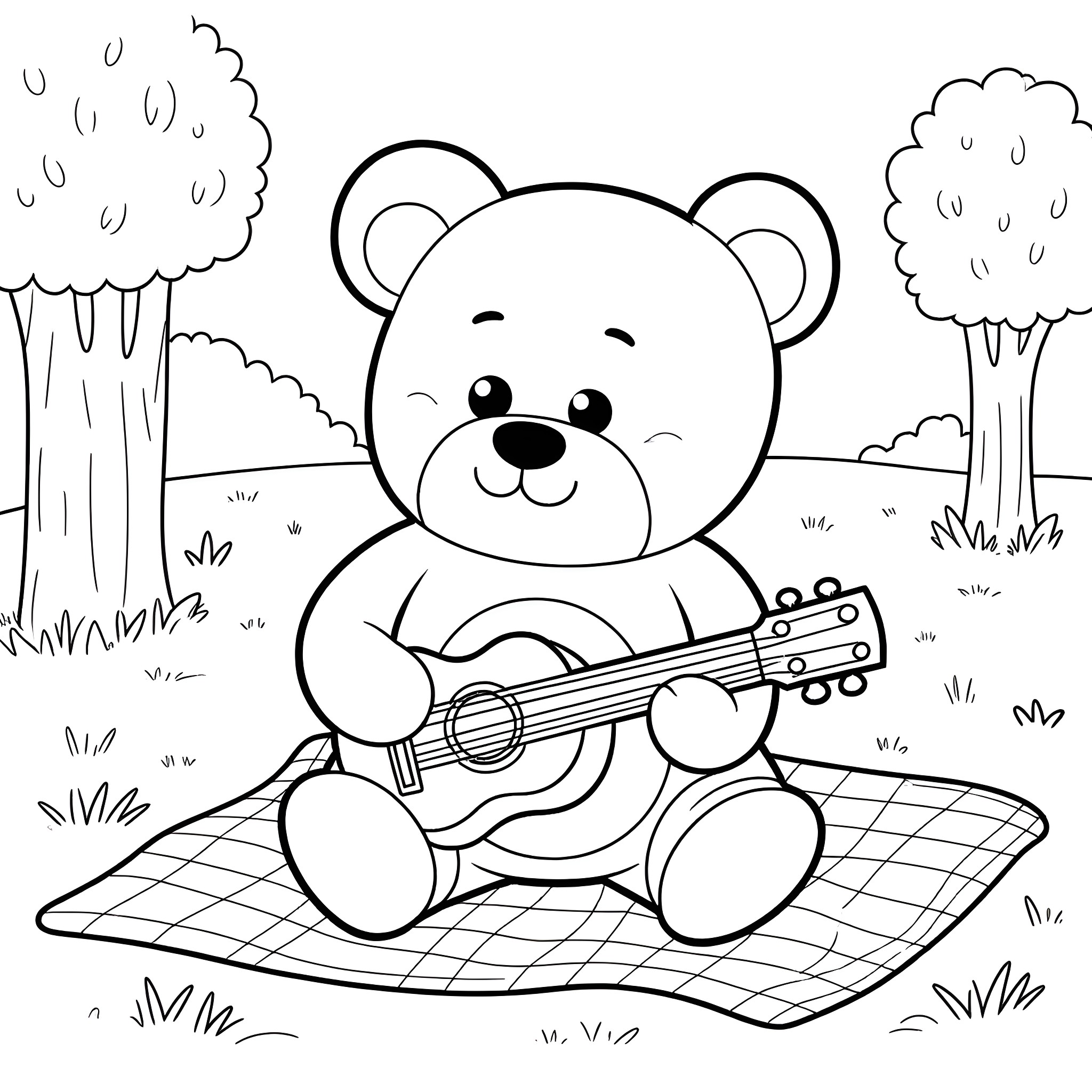 Teddy Bear playing guitar in the park Coloring Page (free black-and-white line drawing printable PDF for all, from beginners to advanced learners, including children, teens, adults, and seniors)