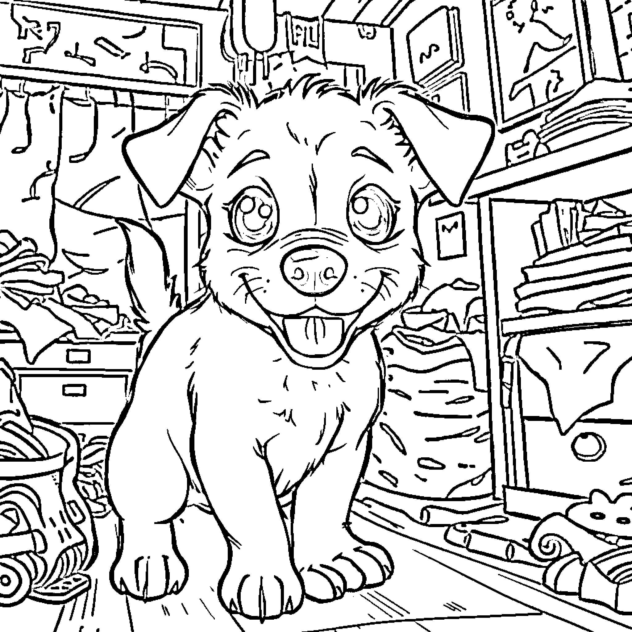 Dog exploring a messy room with curiosity Coloring Page (free black-and-white line drawing printable PDF for all, from beginners to advanced learners, including children, teens, adults, and seniors)