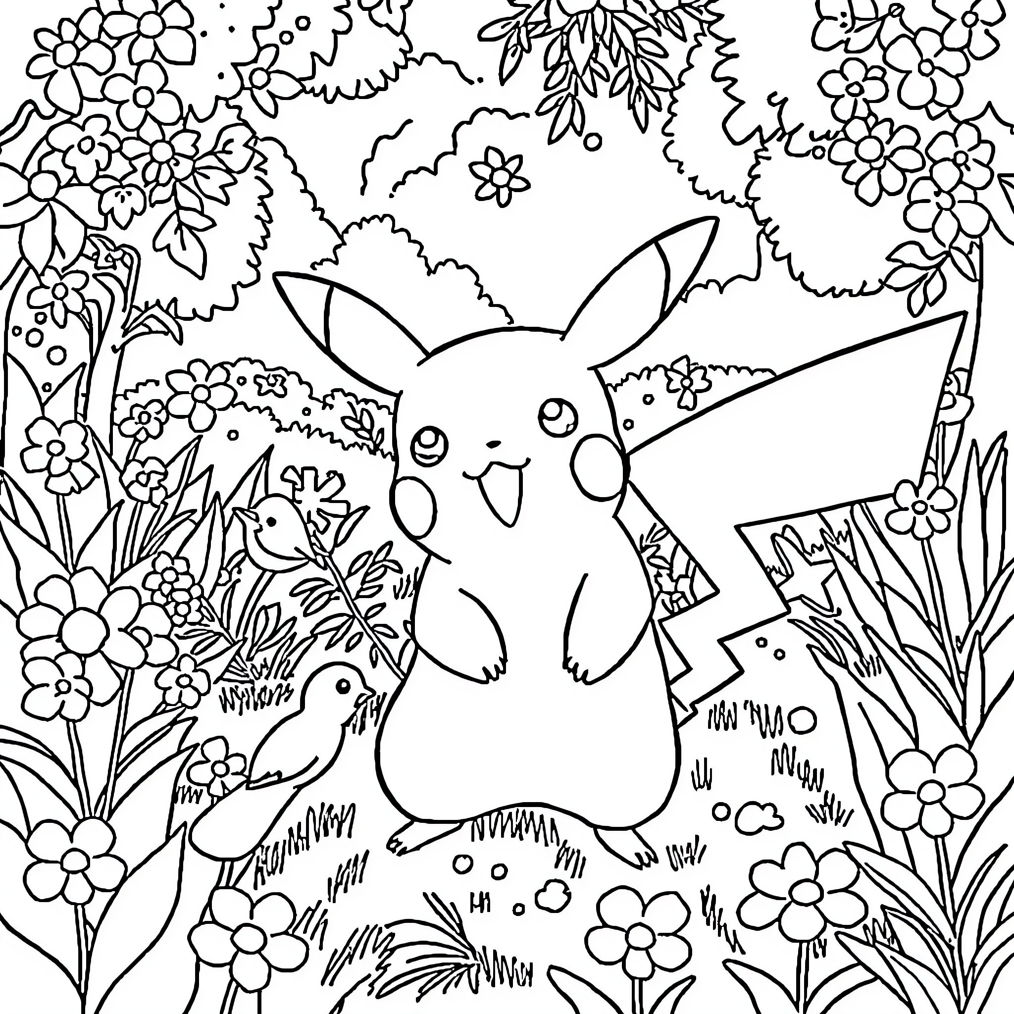 Pikachu enjoying a floral scene Coloring Page (free black-and-white line drawing printable PDF for all, from beginners to advanced learners, including children, teens, adults, and seniors)