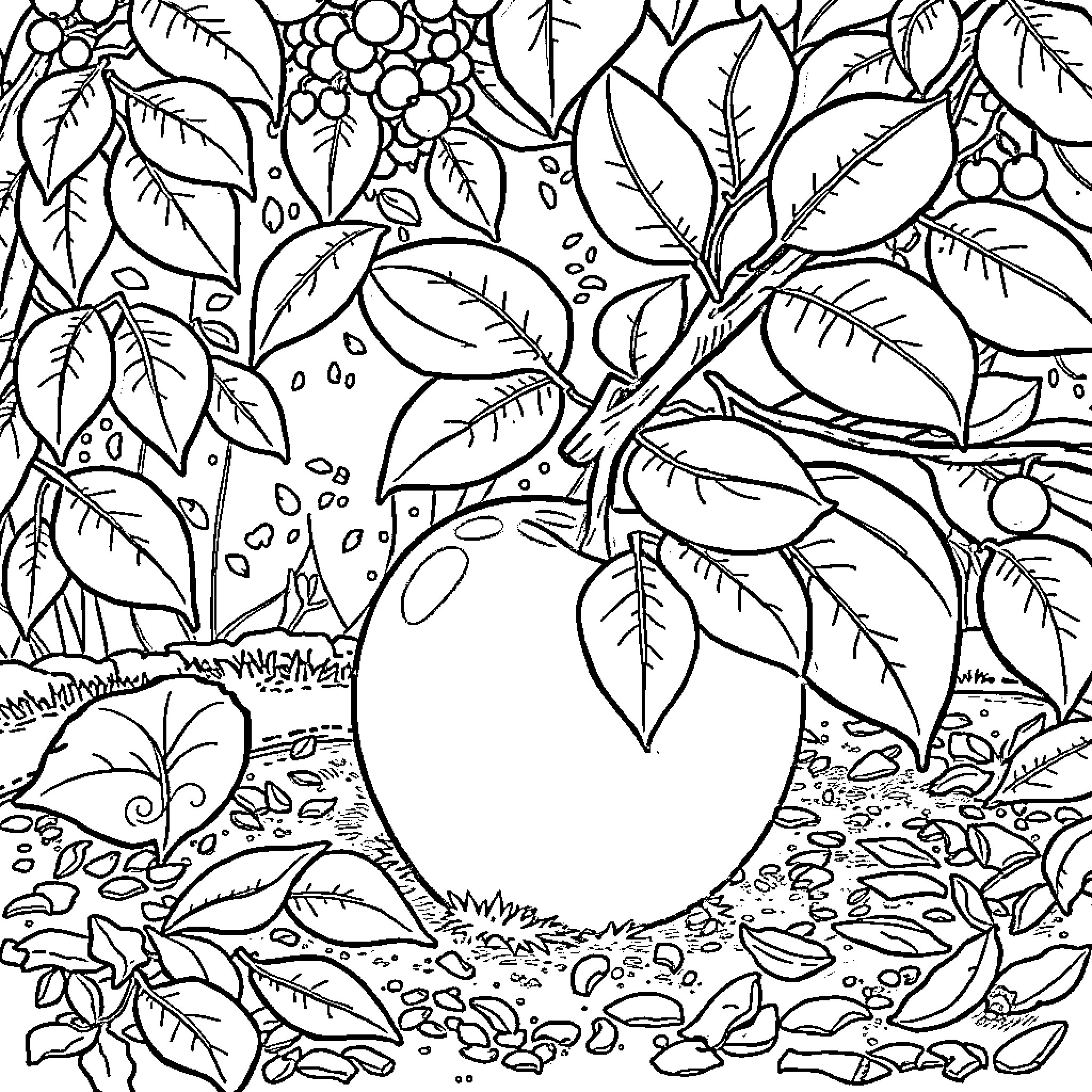 Manzana: Abundant Leaves and Fruit in Nature Coloring Page (free black-and-white line drawing printable PDF for all, from beginners to advanced learners, including children, teens, adults, and seniors)