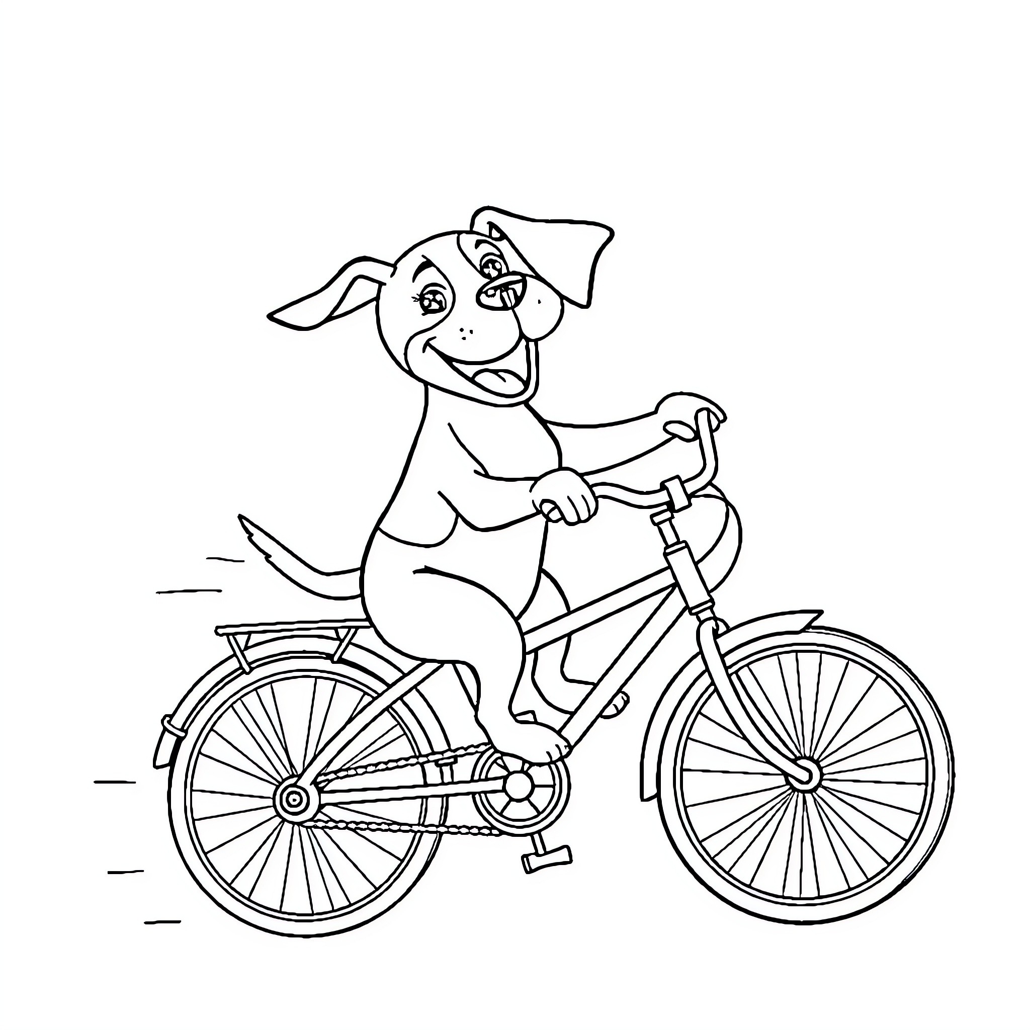 Beagle riding a bicycle happily Coloring Page (free black-and-white line drawing printable PDF for all, from beginners to advanced learners, including children, teens, adults, and seniors)
