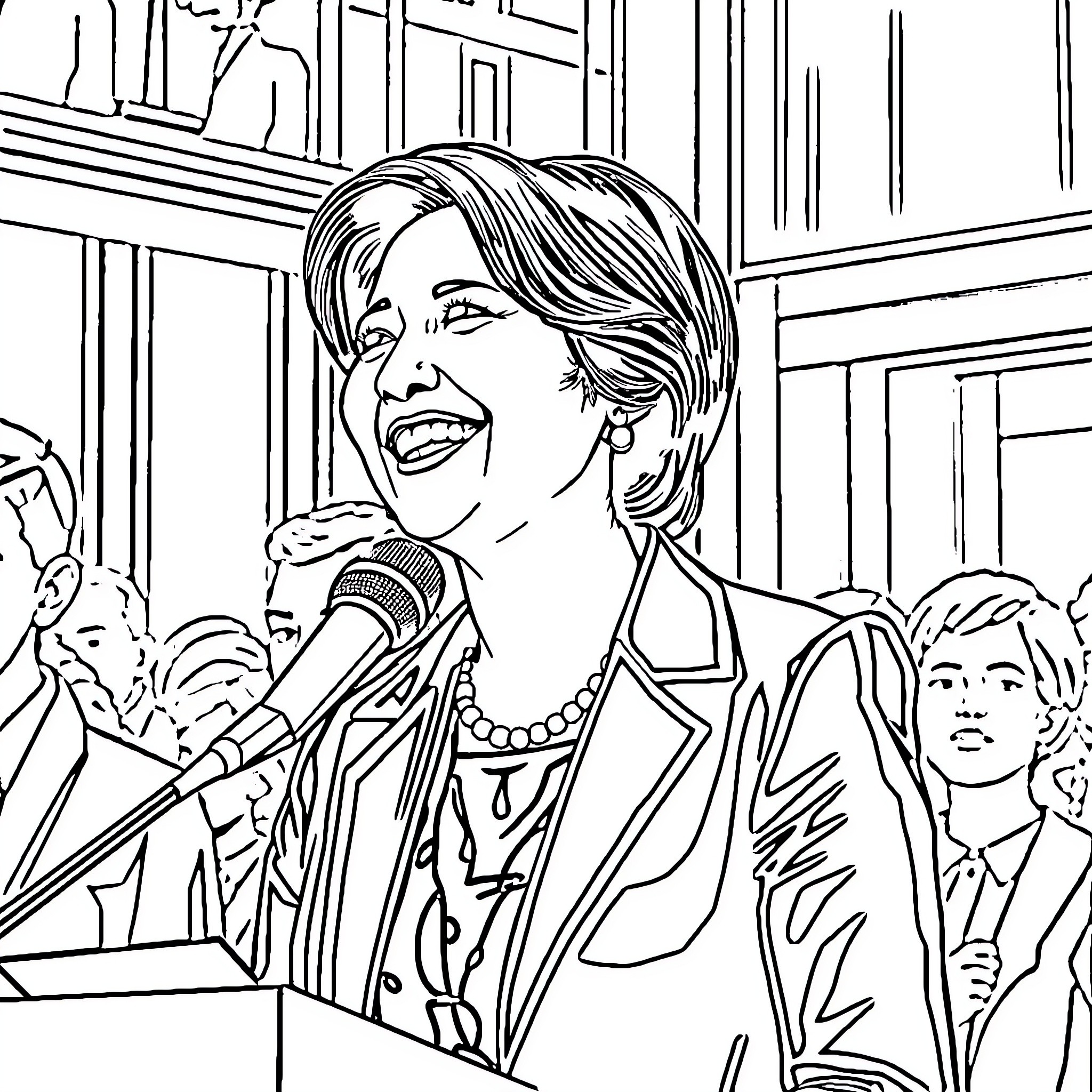 Andry Rajoelina speaking at a podium with a crowd Coloring Page (free black-and-white line drawing printable PDF for all, from beginners to advanced learners, including children, teens, adults, and seniors)