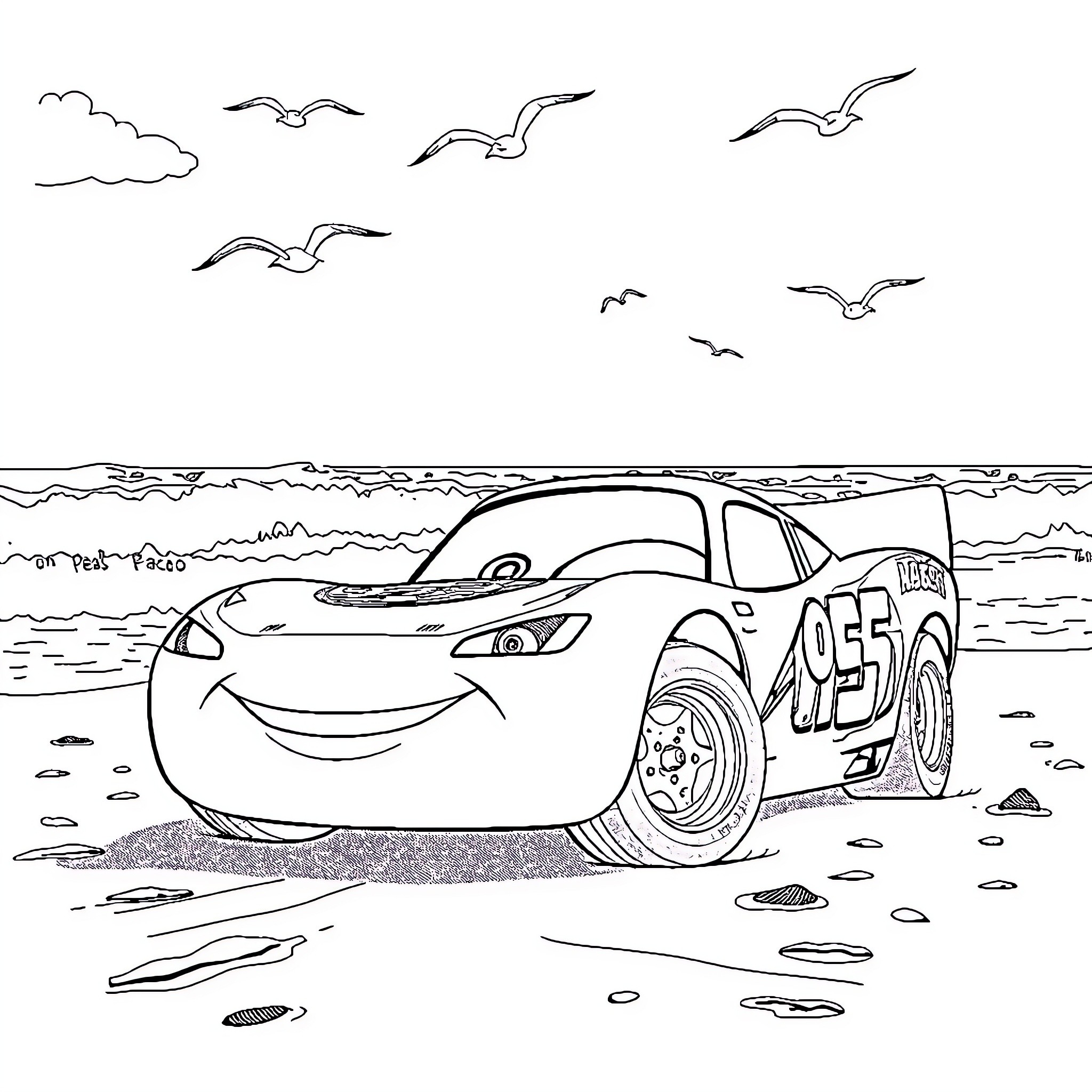 Lightning McQueen racing on the beach Coloring Page (free black-and-white line drawing printable PDF for all, from beginners to advanced learners, including children, teens, adults, and seniors)