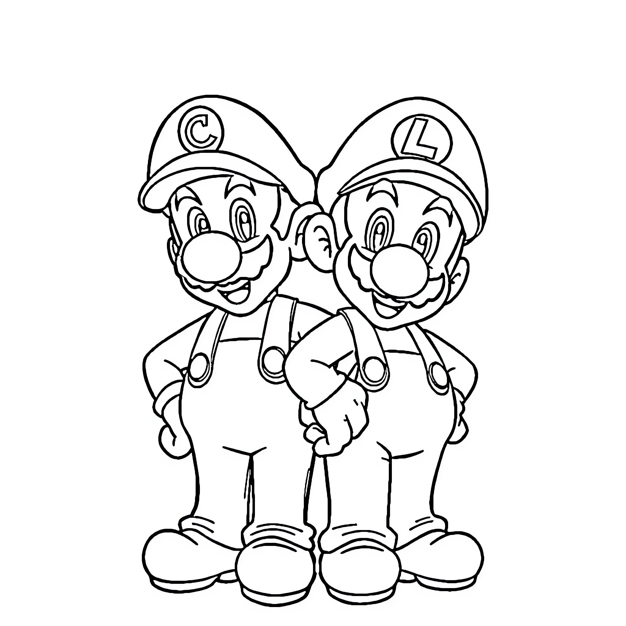 Mario and Luigi's Cartoon-Style Portrayal Coloring Page (free black-and-white line drawing printable PDF for all, from beginners to advanced learners, including children, teens, adults, and seniors)