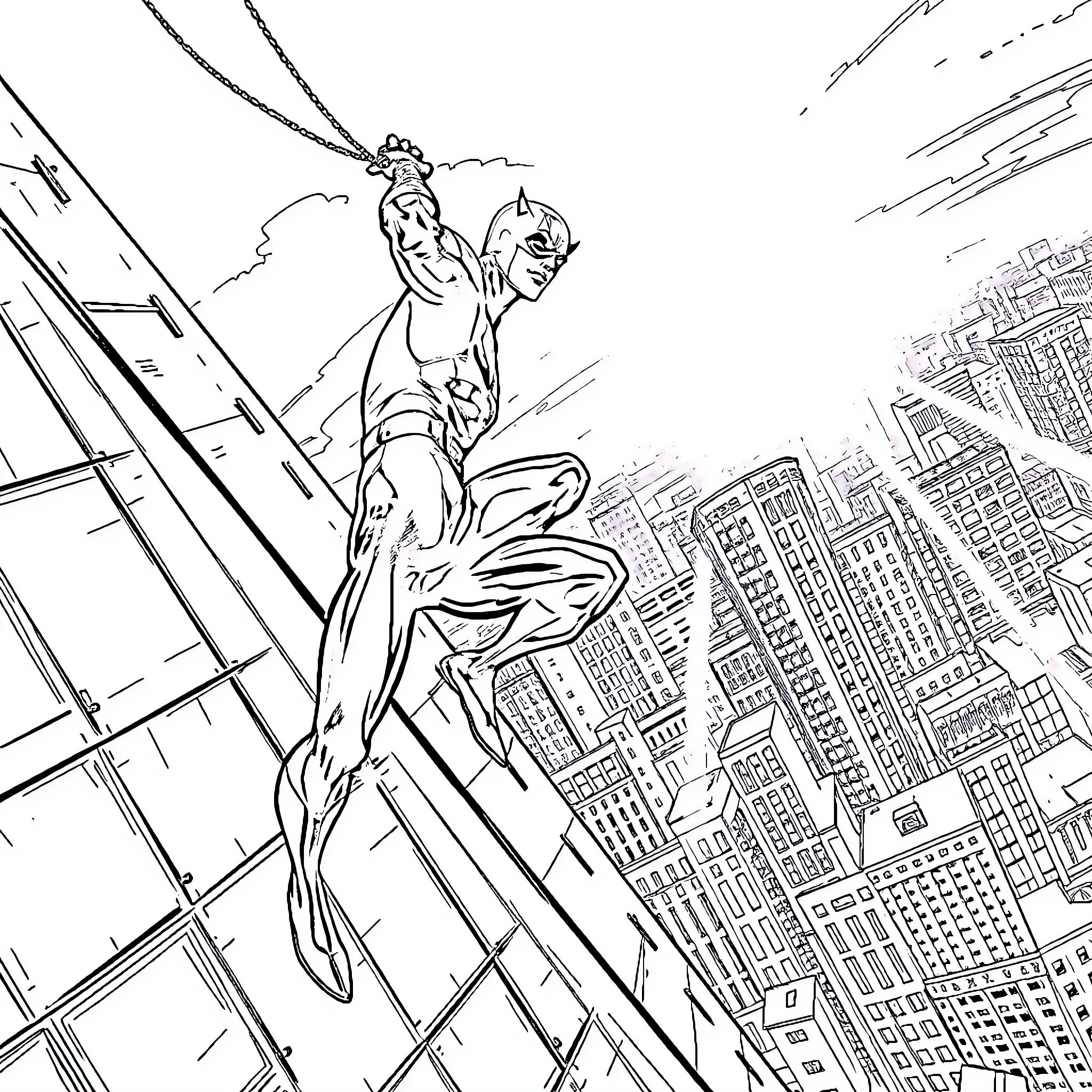 Daredevil swinging through the city skyline Coloring Page (free black-and-white line drawing printable PDF for all, from beginners to advanced learners, including children, teens, adults, and seniors)