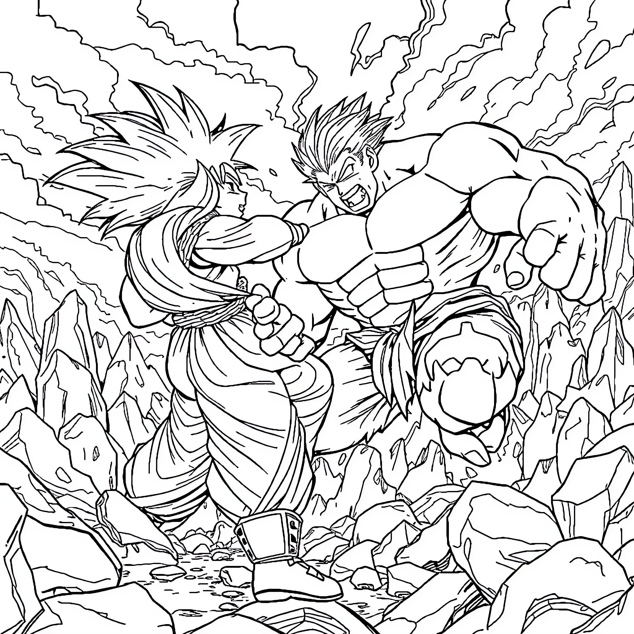 Son Goku battling with intense determination Coloring Page (free black-and-white line drawing printable PDF for all, from beginners to advanced learners, including children, teens, adults, and seniors)