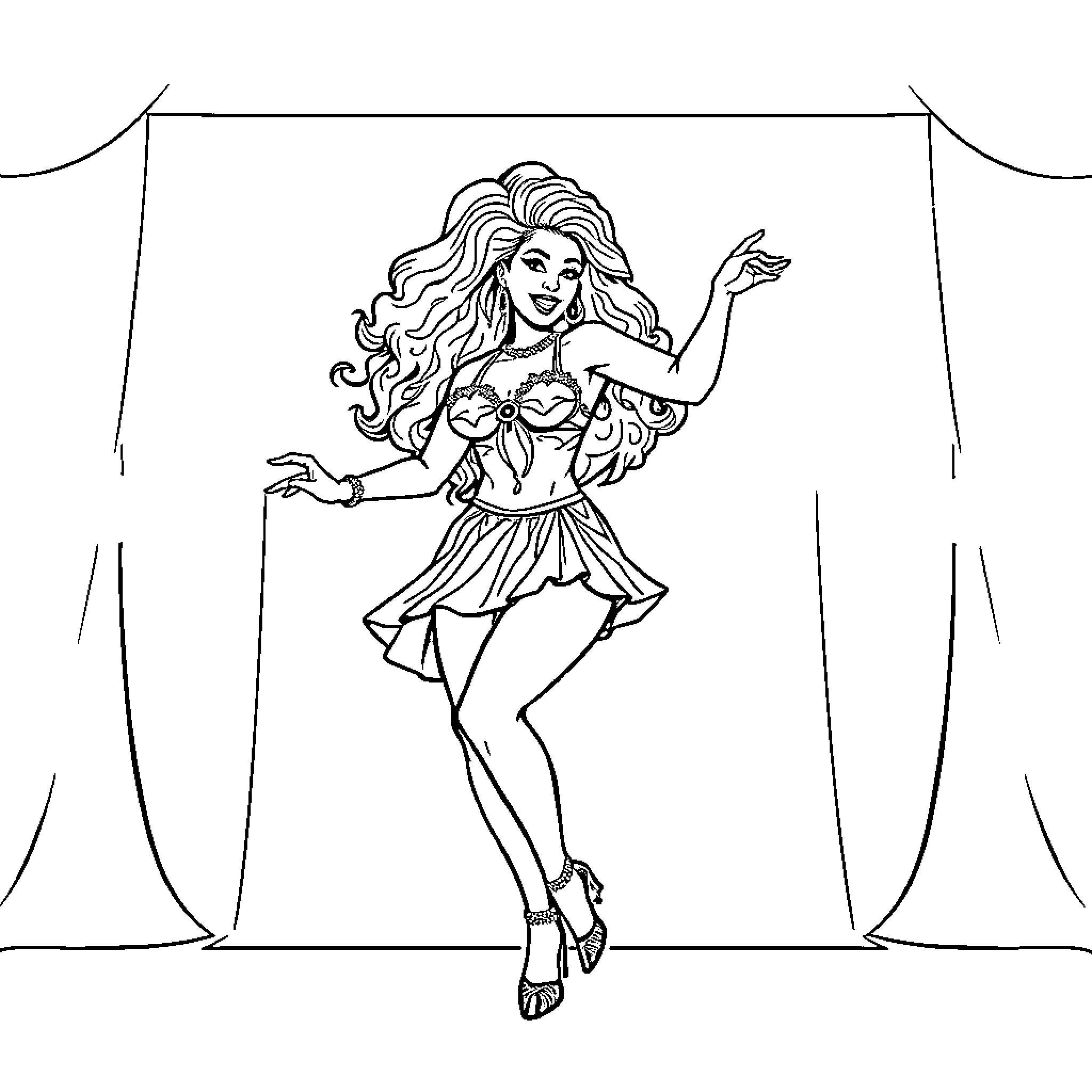Bbw dancer performing on stage Coloring Page (free black-and-white line drawing printable PDF for all, from beginners to advanced learners, including children, teens, adults, and seniors)