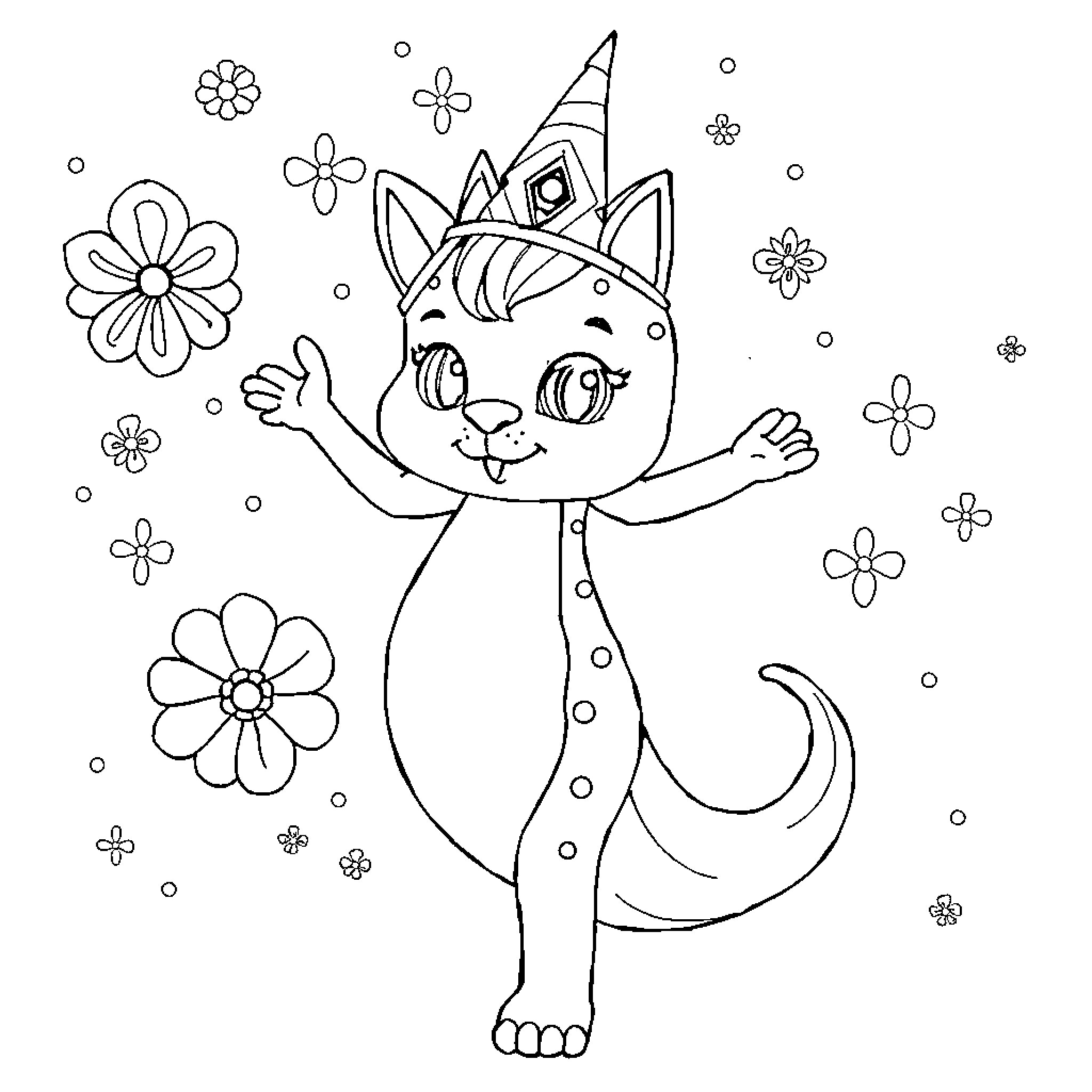 Magic Celebration of Playful Cat with Flowers Coloring Page (free black-and-white line drawing printable PDF for all, from beginners to advanced learners, including children, teens, adults, and seniors)