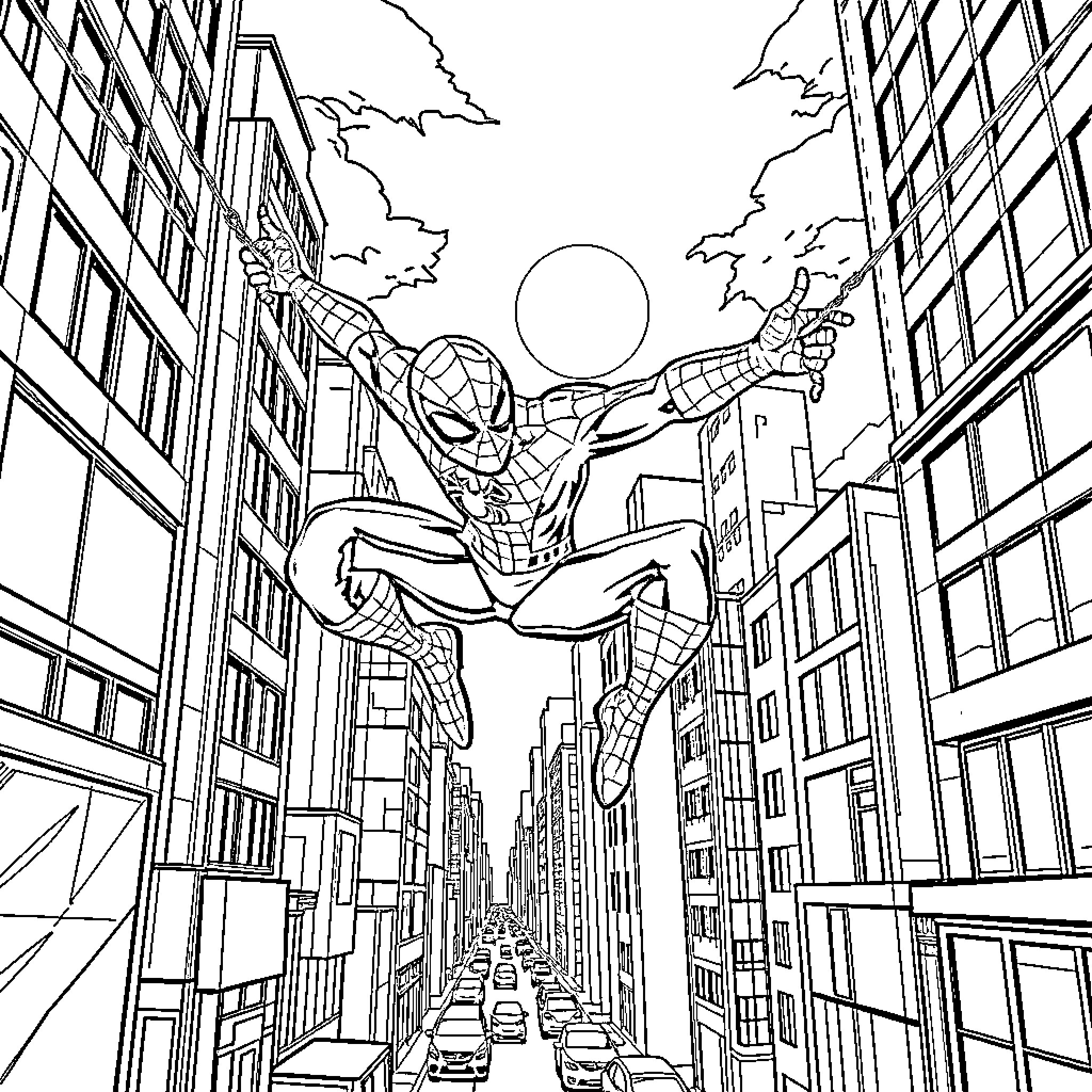 Spiderman soaring through the city skyline Coloring Page (free black-and-white line drawing printable PDF for all, from beginners to advanced learners, including children, teens, adults, and seniors)
