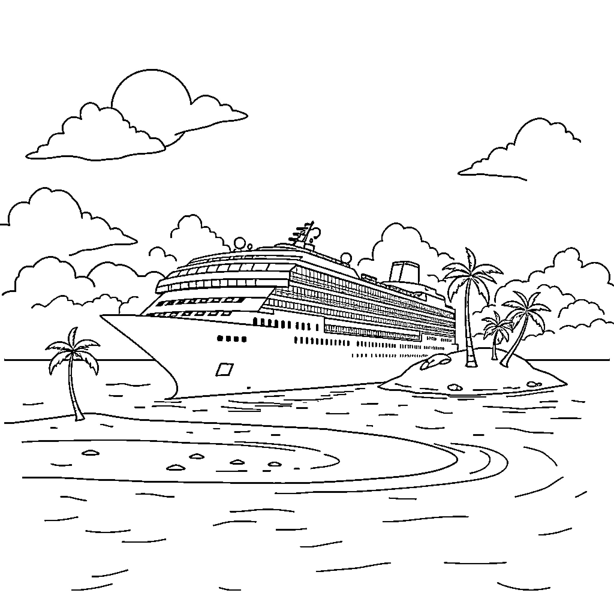 Cruise Ship Docked by the Beach Coloring Page (free black-and-white line drawing printable PDF for all, from beginners to advanced learners, including children, teens, adults, and seniors)