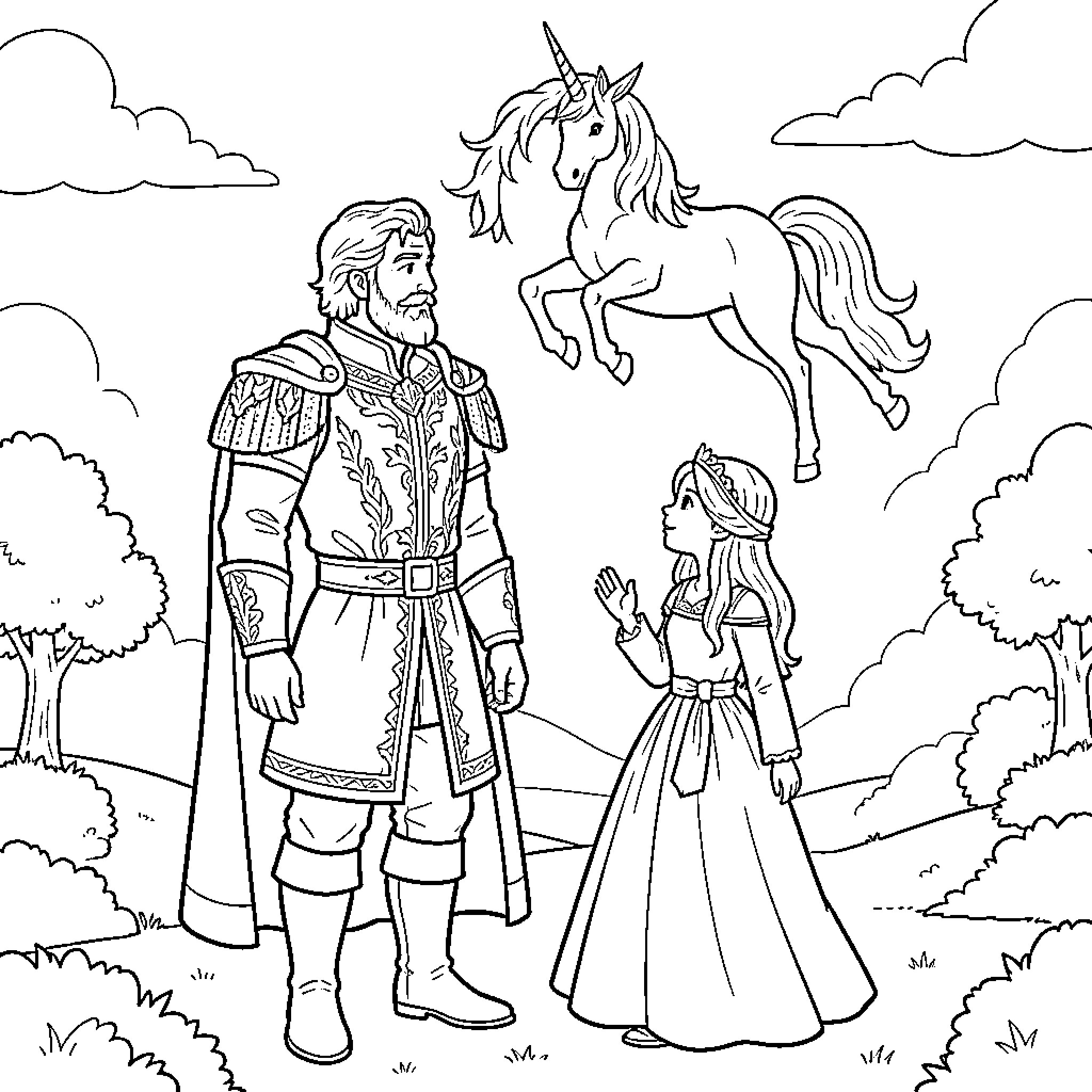 Prince standing with a princess and a unicorn Coloring Page (free black-and-white line drawing printable PDF for all, from beginners to advanced learners, including children, teens, adults, and seniors)