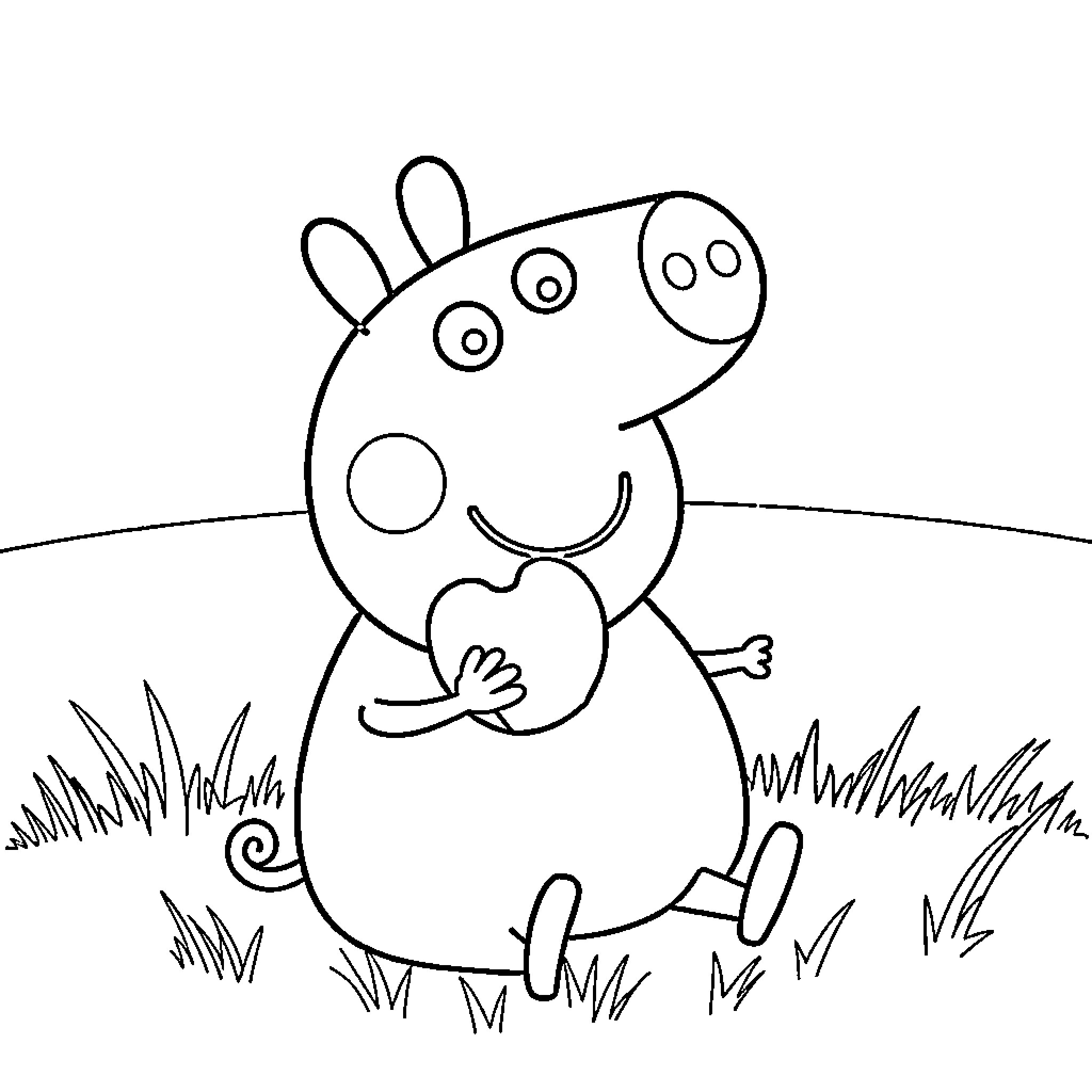 Peppa Pig playing happily in the grass Coloring Page (free black-and-white line drawing printable PDF for all, from beginners to advanced learners, including children, teens, adults, and seniors)
