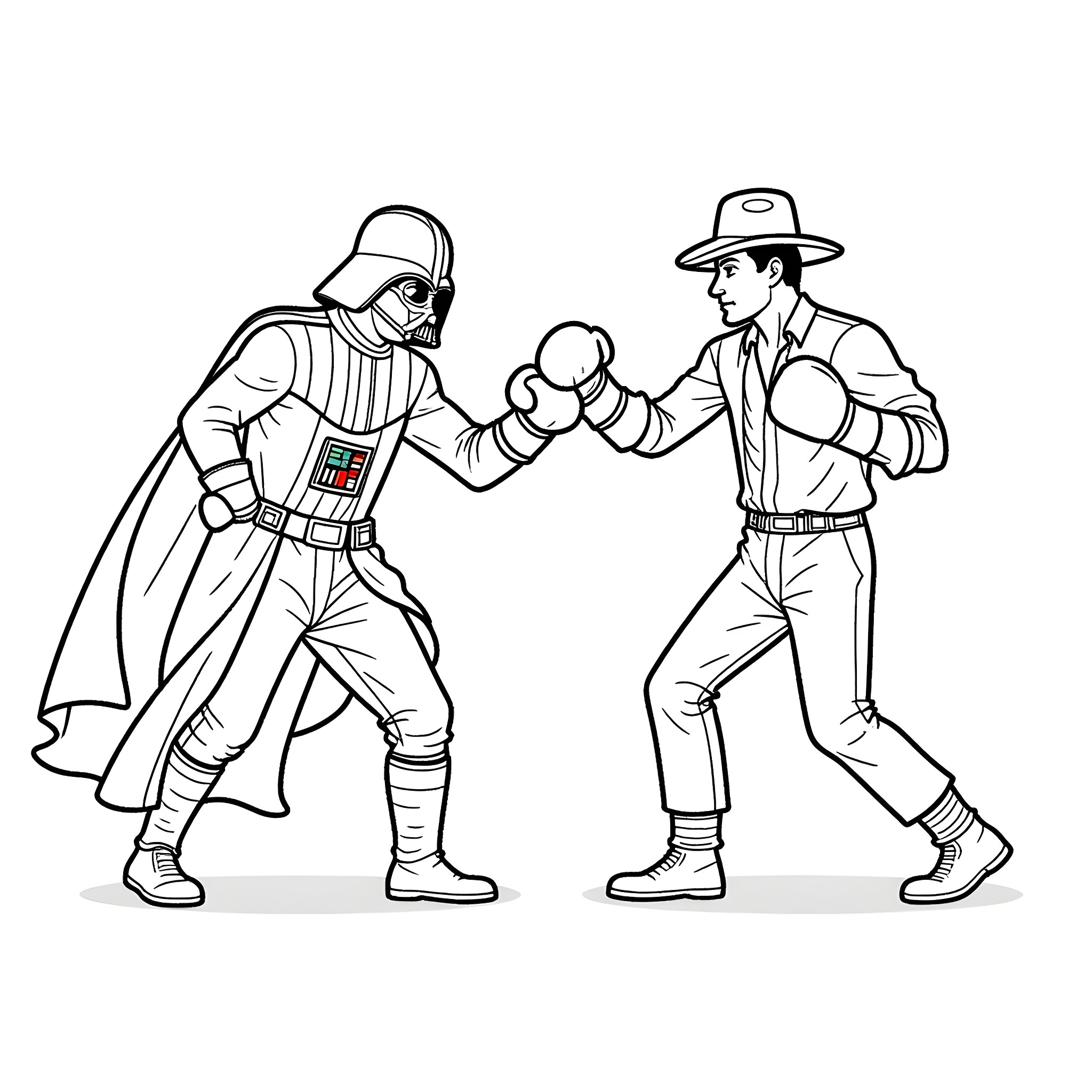 Darth Vader dueling an Imperial officer Coloring Page (free black-and-white line drawing printable PDF for all, from beginners to advanced learners, including children, teens, adults, and seniors)