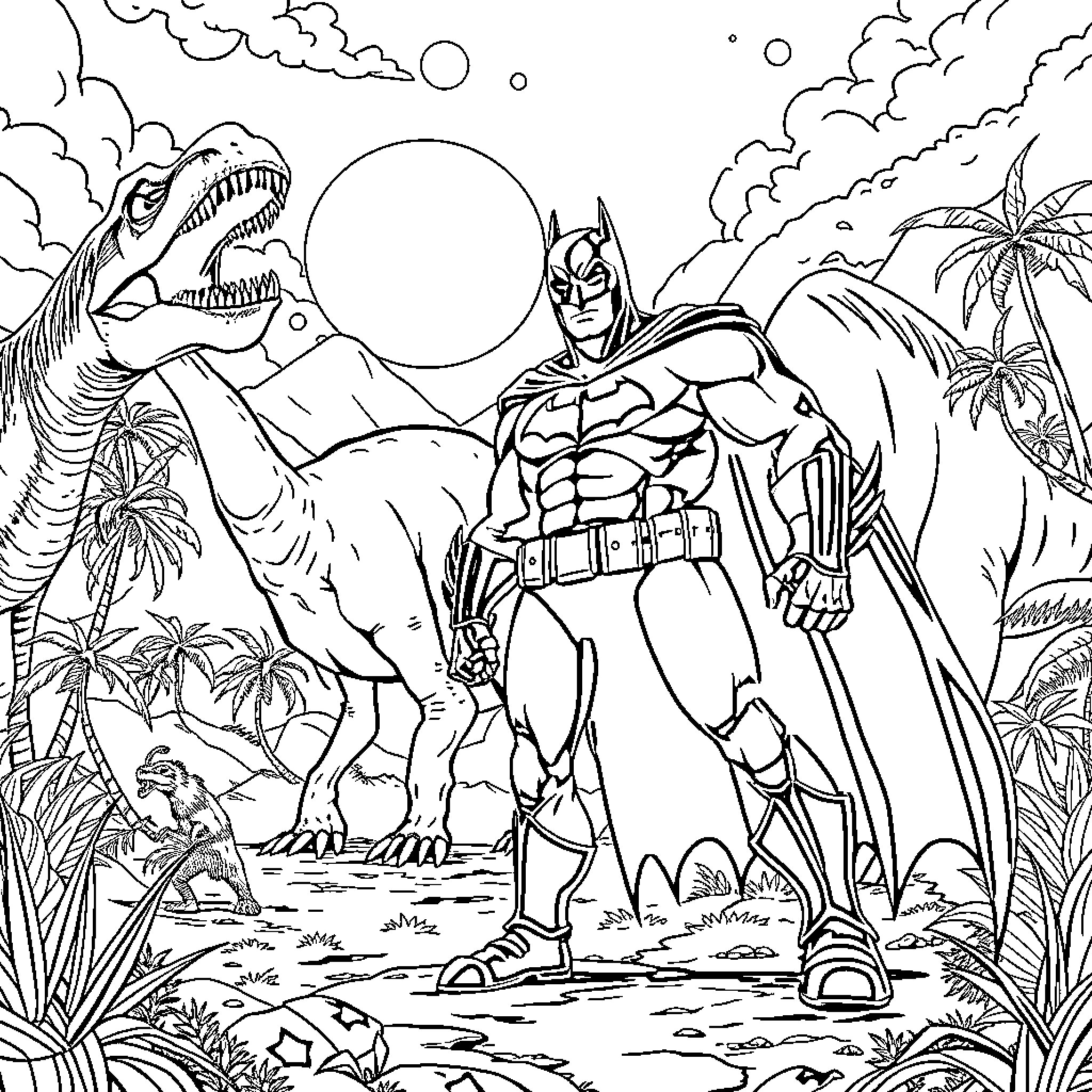 Dinosaur Batman battles a giant prehistoric beast Coloring Page (free black-and-white line drawing printable PDF for all, from beginners to advanced learners, including children, teens, adults, and seniors)