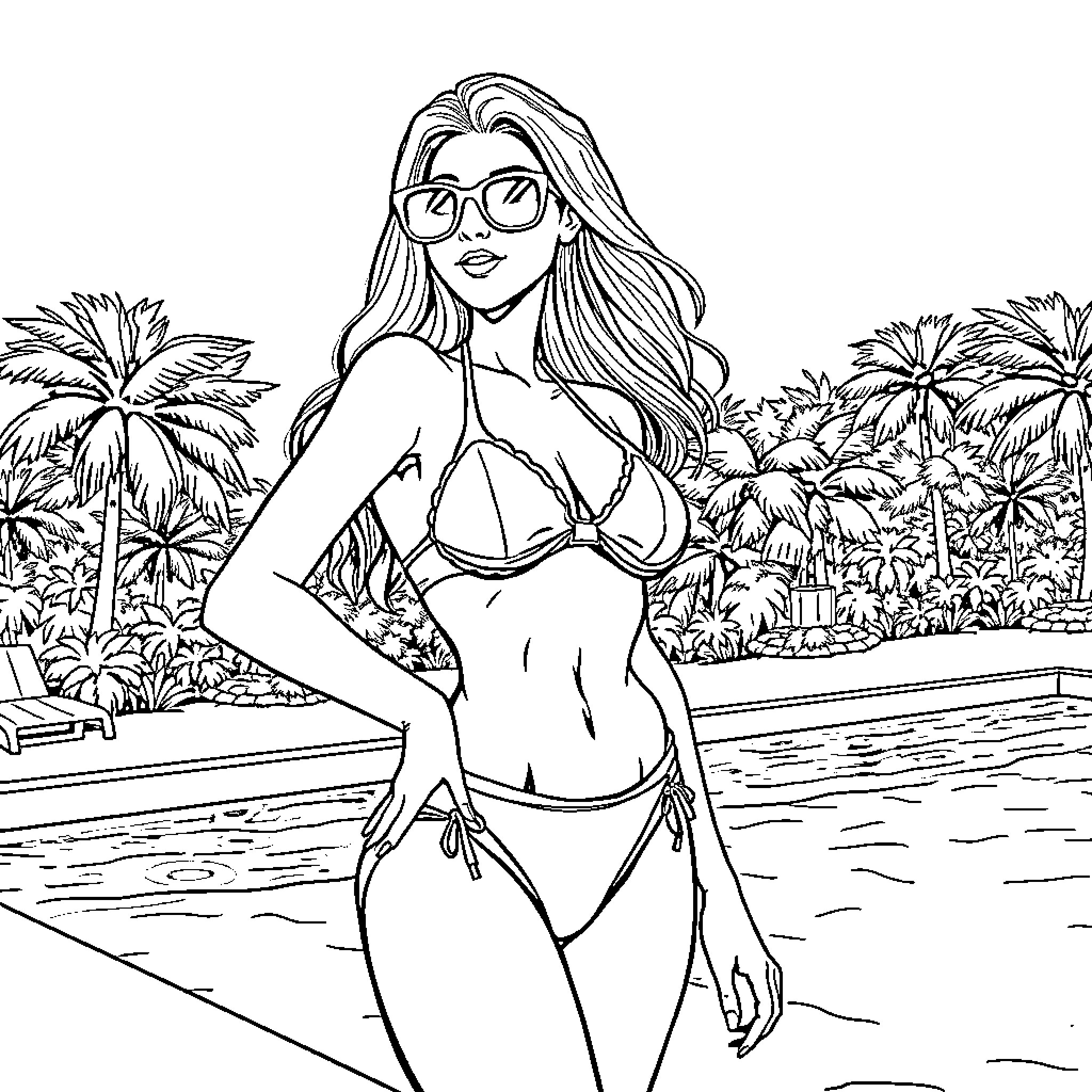 Girl lounging by the pool in tropical setting Coloring Page (free black-and-white line drawing printable PDF for all, from beginners to advanced learners, including children, teens, adults, and seniors)