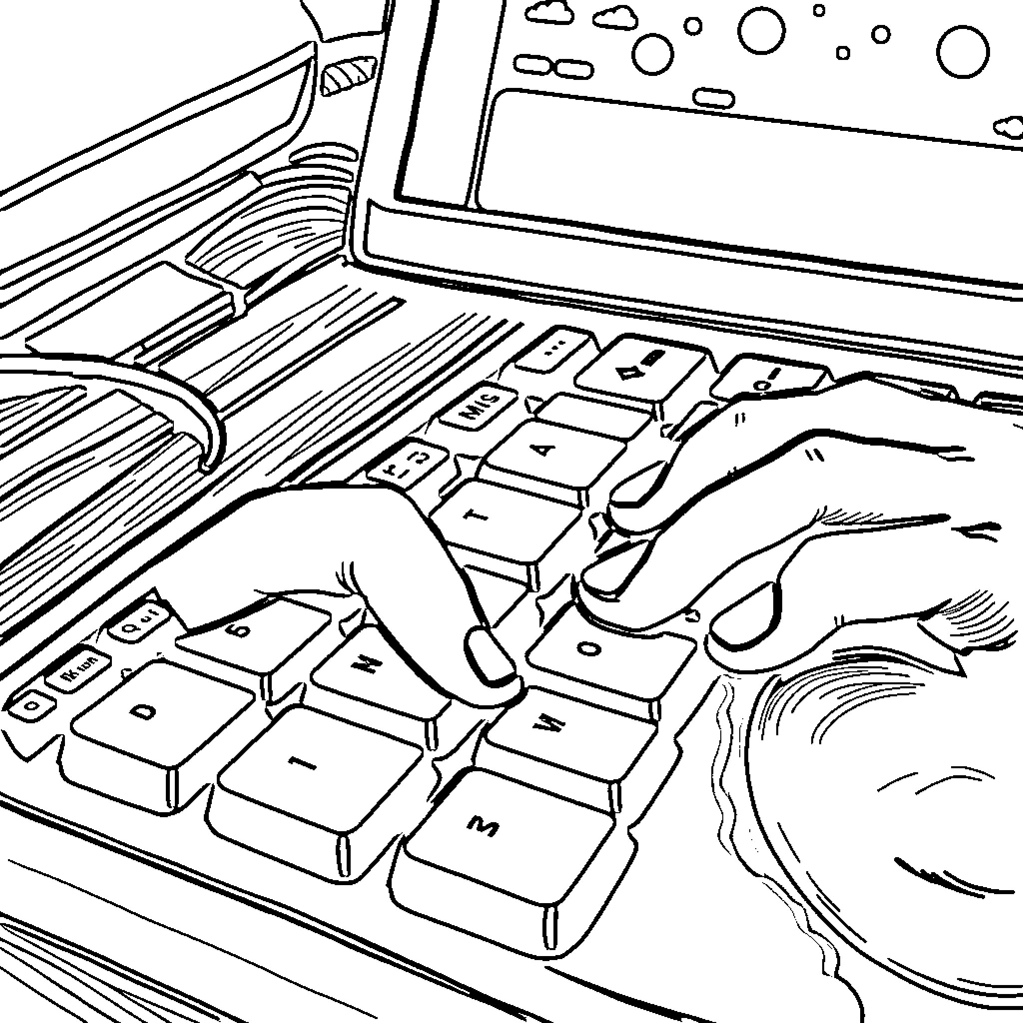 Keystroke of a human hand typing on a laptop keyboard Coloring Page (free black-and-white line drawing printable PDF for all, from beginners to advanced learners, including children, teens, adults, and seniors)