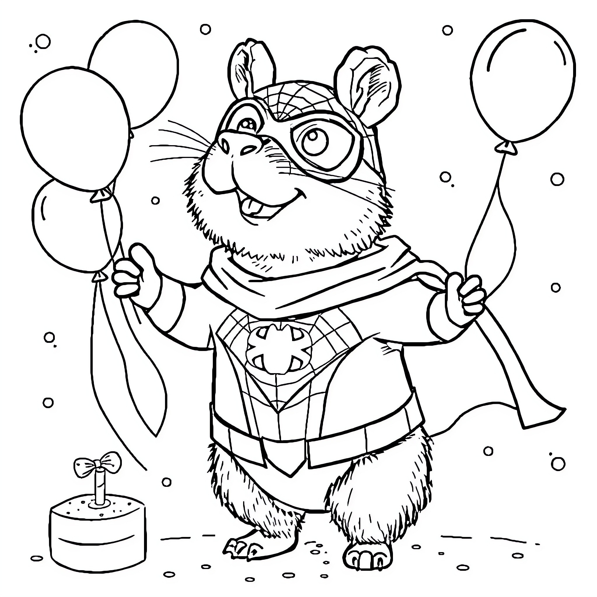 Capybara celebrating with balloons and party decorations Coloring Page (free black-and-white line drawing printable PDF for all, from beginners to advanced learners, including children, teens, adults, and seniors)