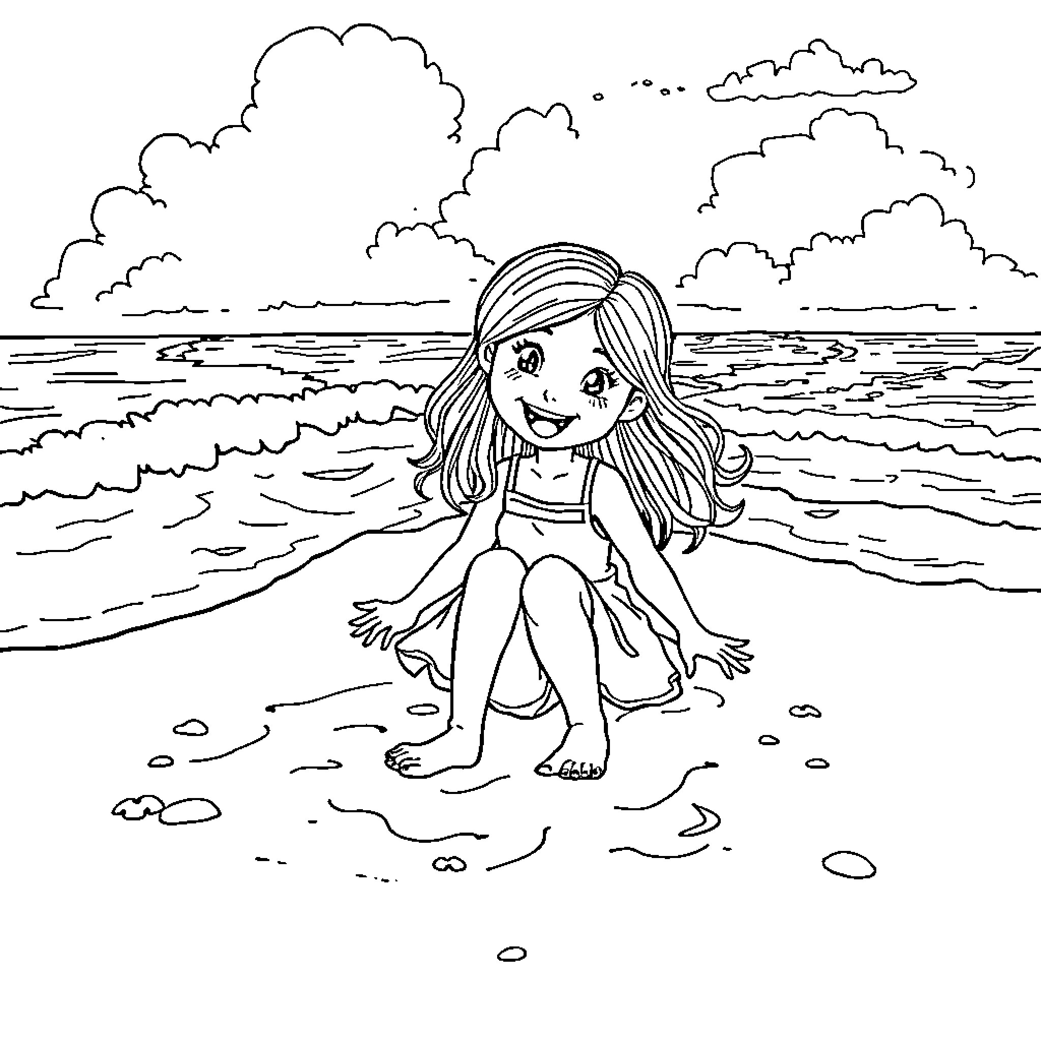 Wednesday girl enjoying the beach on a sunny day Coloring Page (free black-and-white line drawing printable PDF for all, from beginners to advanced learners, including children, teens, adults, and seniors)