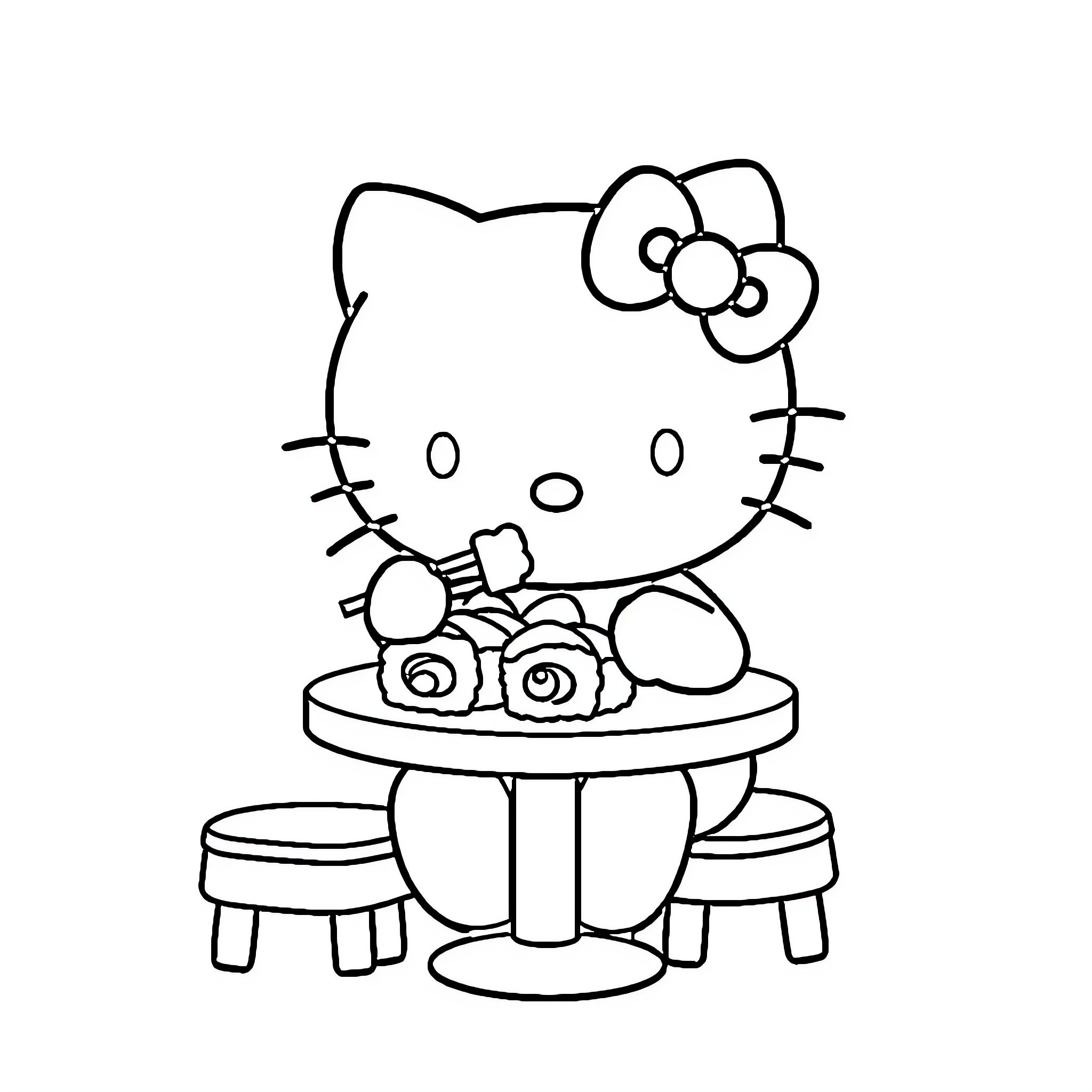 Hello Kitty enjoying tea time with flowers Coloring Page (free black-and-white line drawing printable PDF for all, from beginners to advanced learners, including children, teens, adults, and seniors)