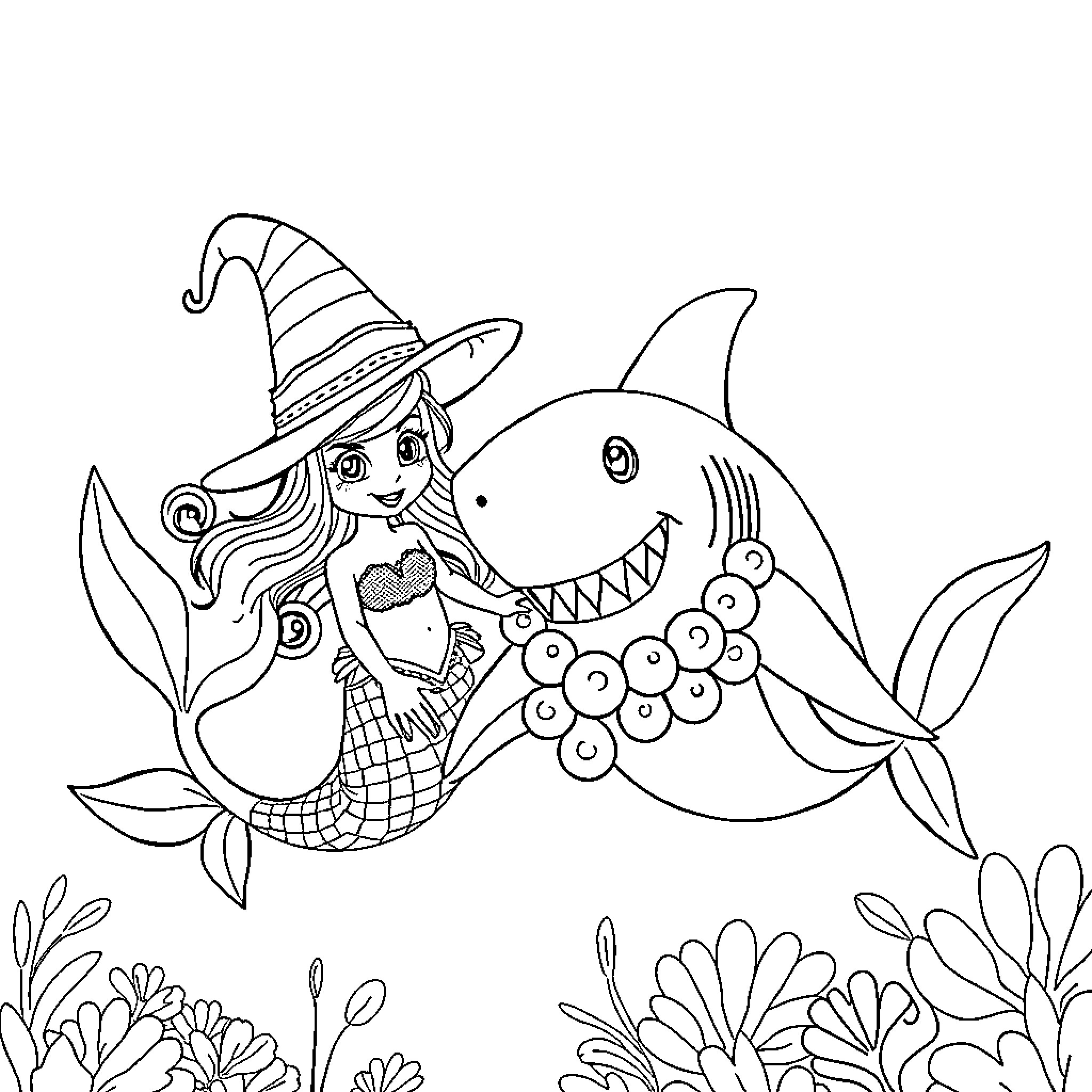 Mermaid and Friendly Shark Underwater Adventure Coloring Page (free black-and-white line drawing printable PDF for all, from beginners to advanced learners, including children, teens, adults, and seniors)