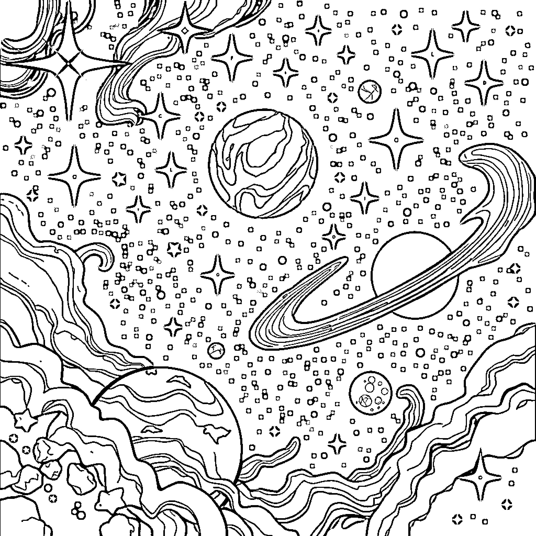 Star Swirls and Celestial Wonders Coloring Page (free black-and-white line drawing printable PDF for all, from beginners to advanced learners, including children, teens, adults, and seniors)