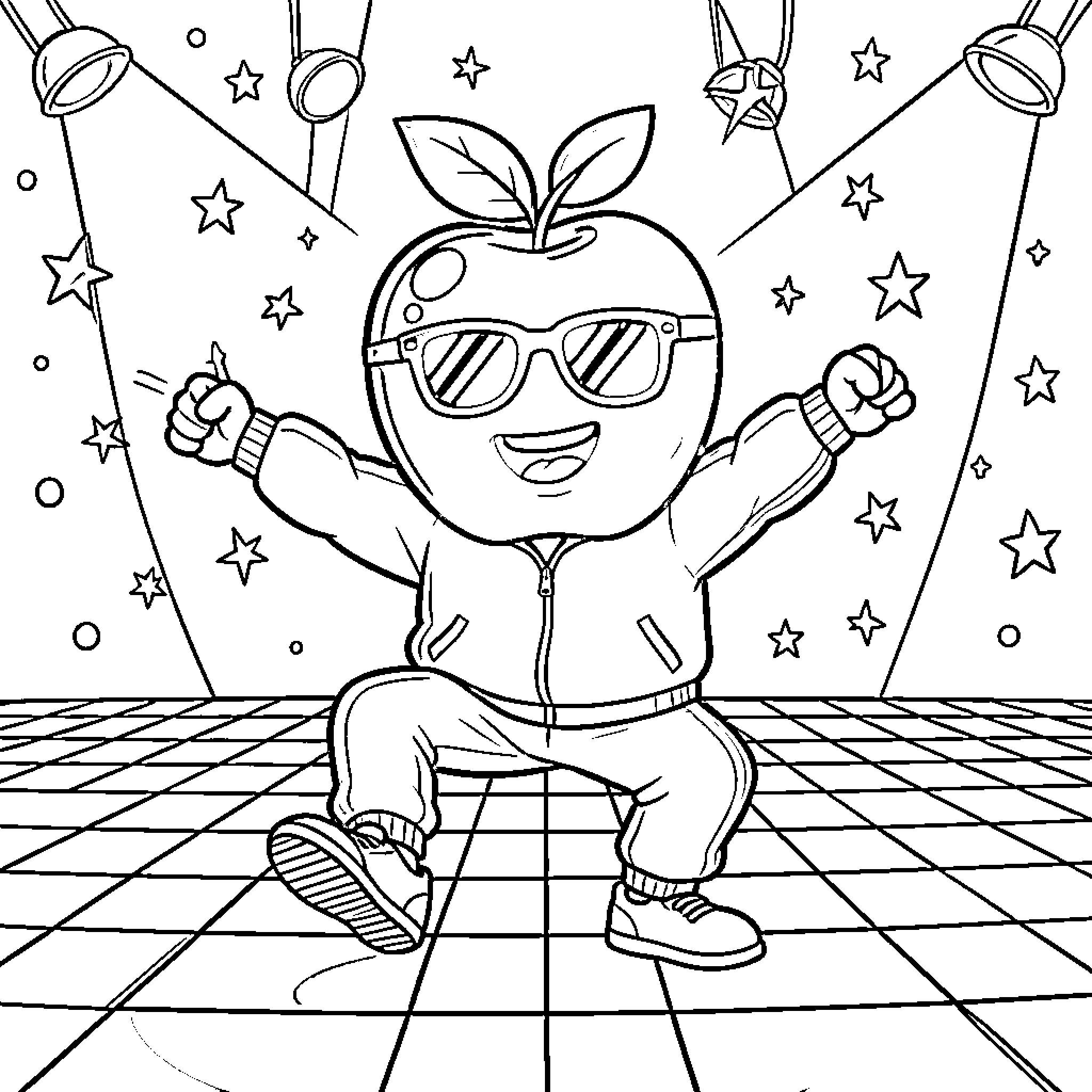 Apple character in stylish outfit dancing joyfully Coloring Page (free black-and-white line drawing printable PDF for all, from beginners to advanced learners, including children, teens, adults, and seniors)