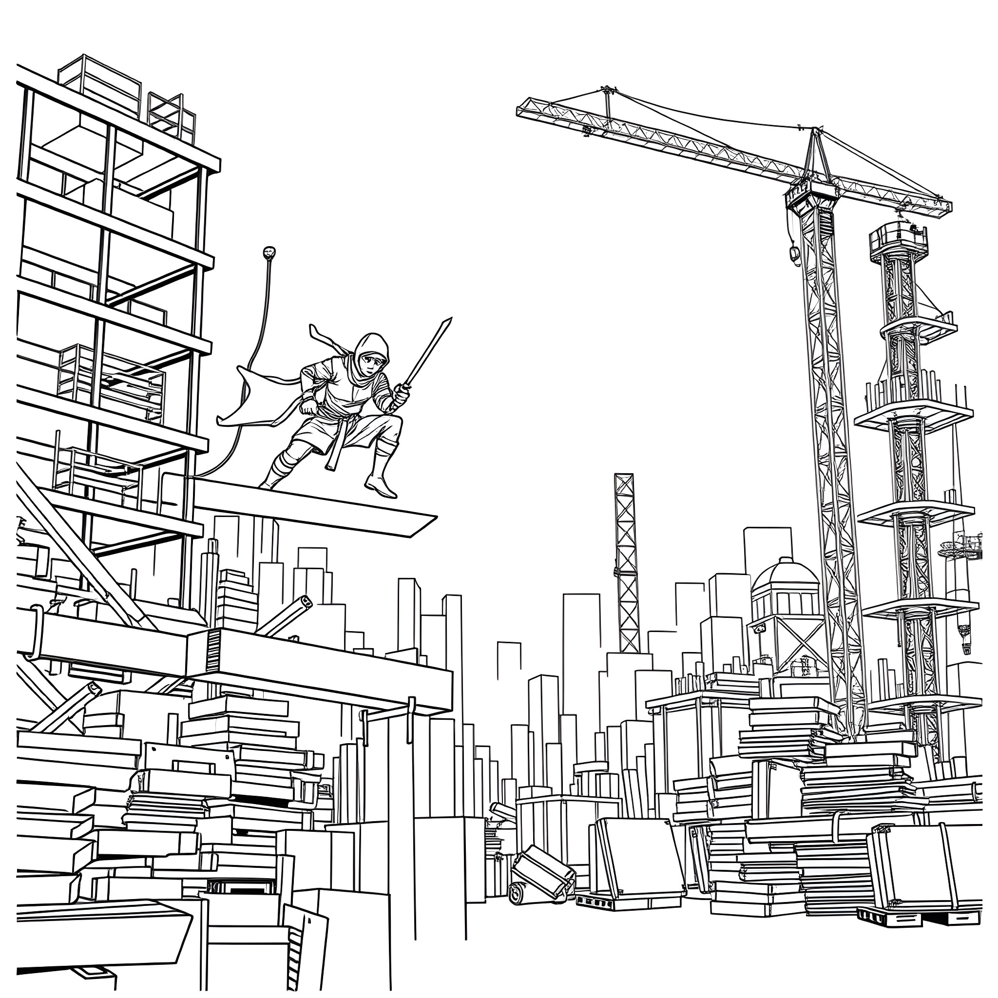 Ninja acrobats performing stunts in an urban construction site Coloring Page (free black-and-white line drawing printable PDF for all, from beginners to advanced learners, including children, teens, adults, and seniors)