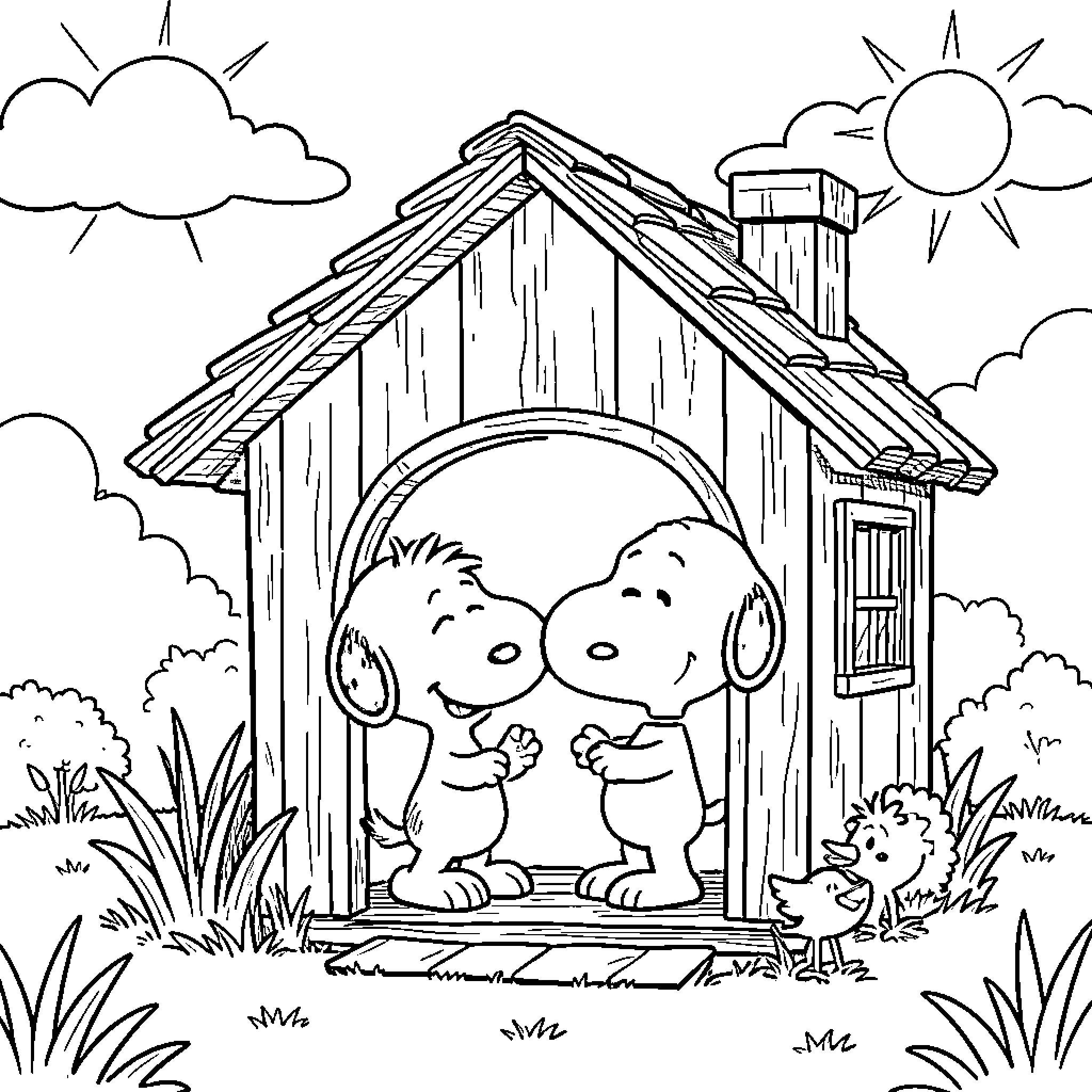 Snoopy and friends in a cozy wooden hut Coloring Page (free black-and-white line drawing printable PDF for all, from beginners to advanced learners, including children, teens, adults, and seniors)