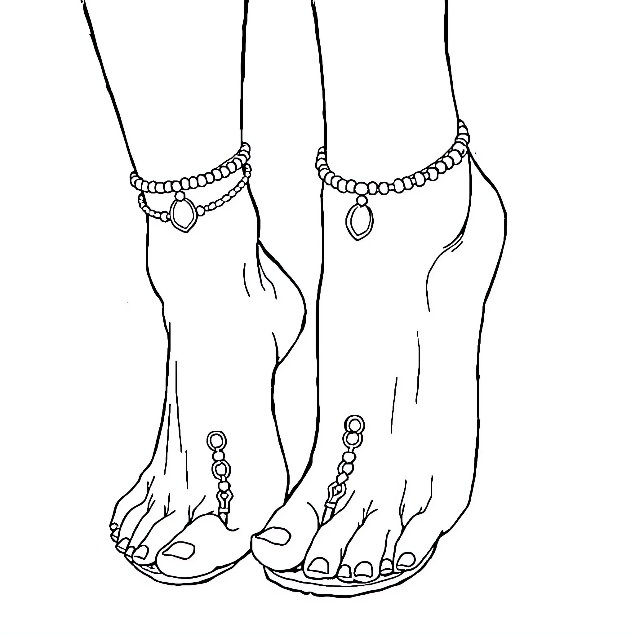 Kitana's Anklets and Toes in Focus Coloring Page (free black-and-white line drawing printable PDF for all, from beginners to advanced learners, including children, teens, adults, and seniors)