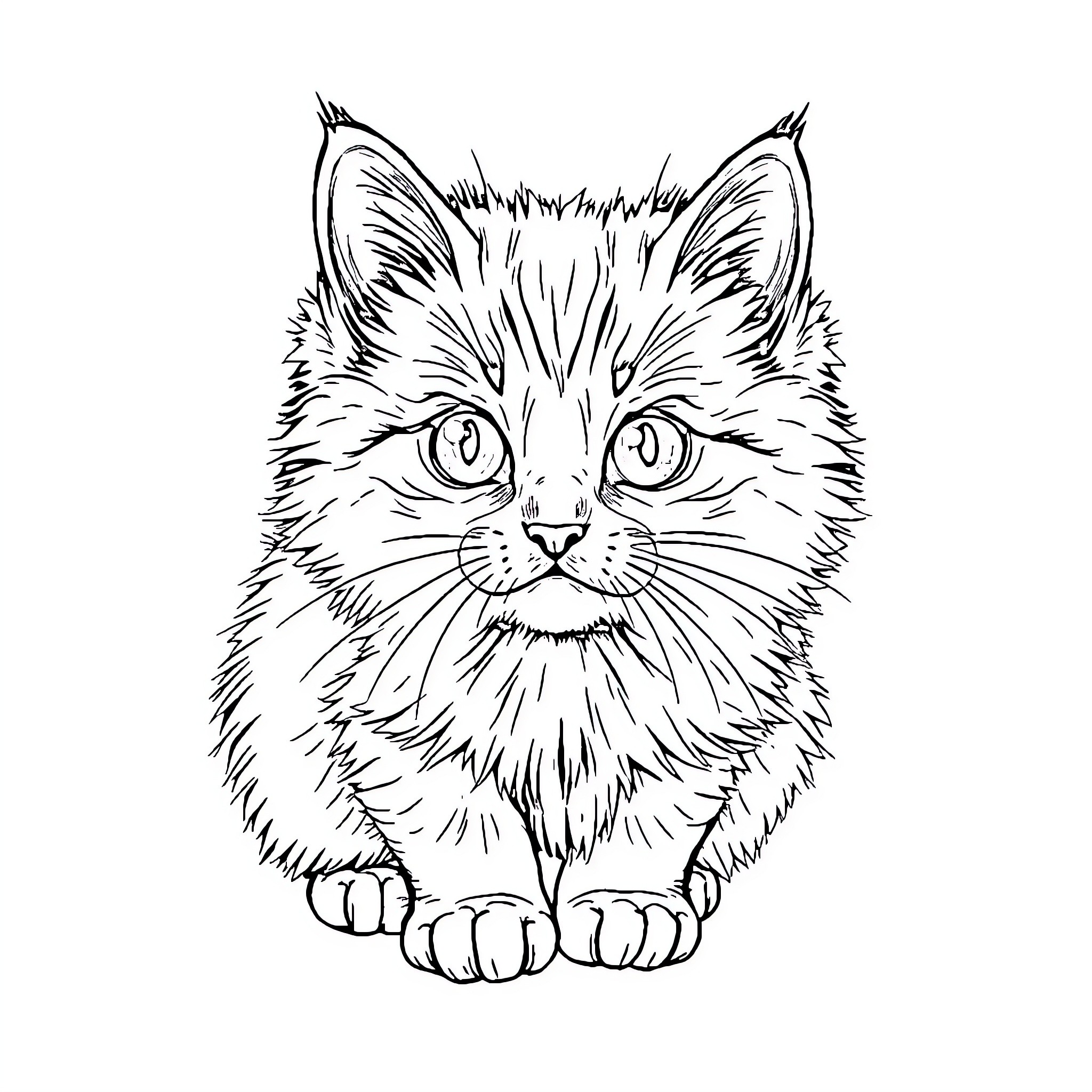 Cat with fluffy fur sitting intently Coloring Page (free black-and-white line drawing printable PDF for all, from beginners to advanced learners, including children, teens, adults, and seniors)