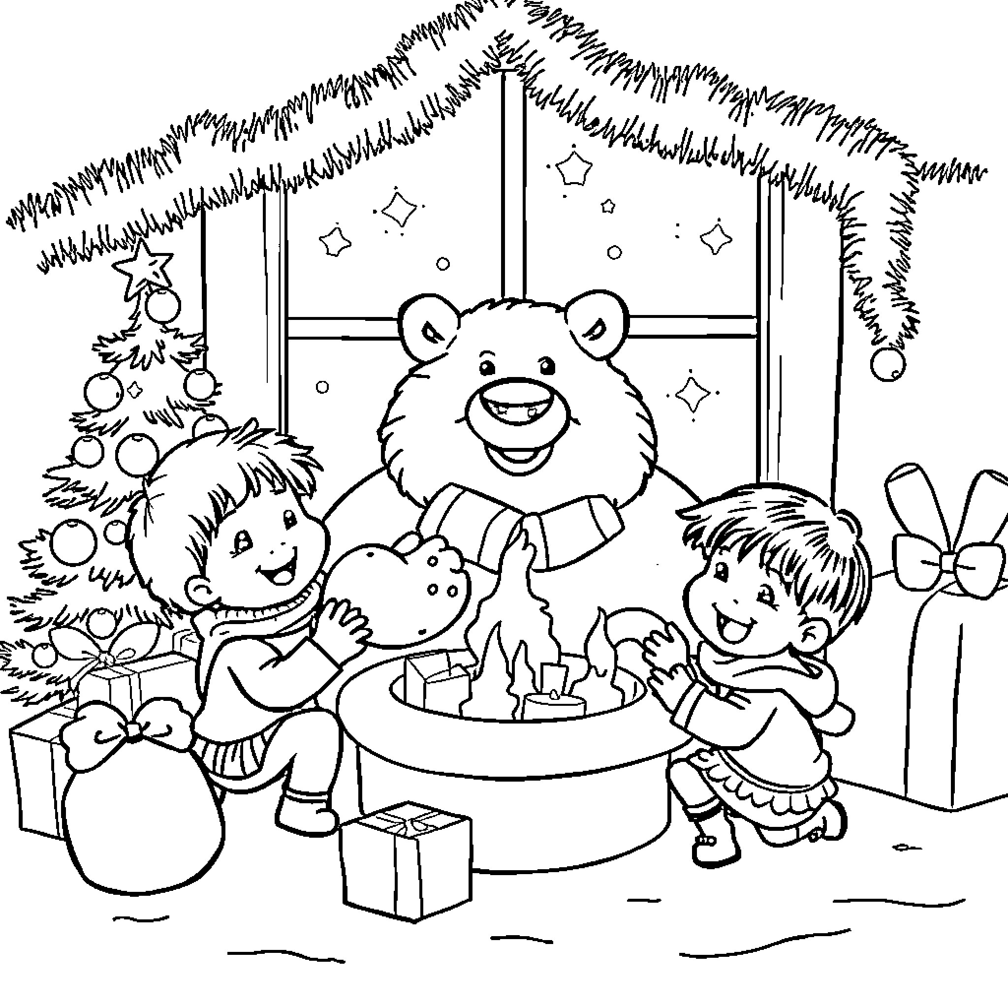 Animal friends celebrate the holiday season Coloring Page (free black-and-white line drawing printable PDF for all, from beginners to advanced learners, including children, teens, adults, and seniors)